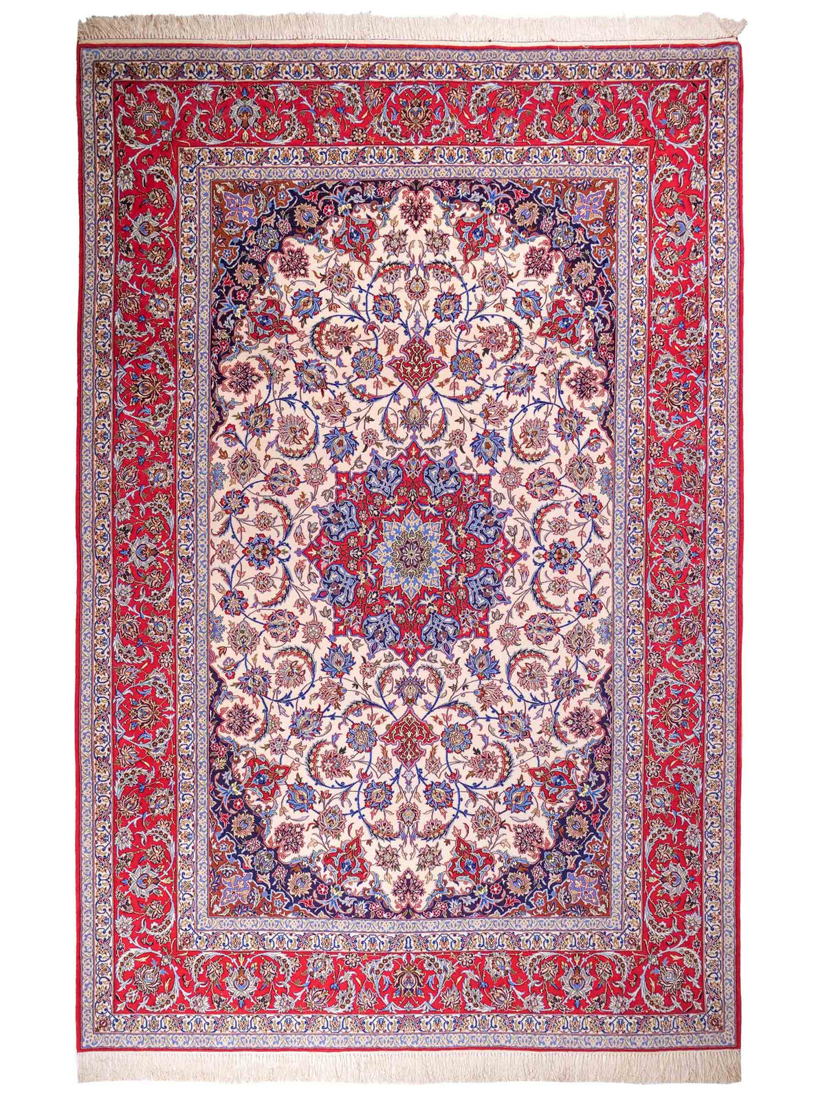 Handgeknüpfter Isfahan Perserteppich von Khademi aus Wolle mit Seide, rot-cremeweiß. Feiner, persischer Teppich mit Medaillon. Orientteppich, geknüpft in Iran. Größe: 307 x 201 cm. Teppichnummer: SB3-1172 | Jupiter Intl
