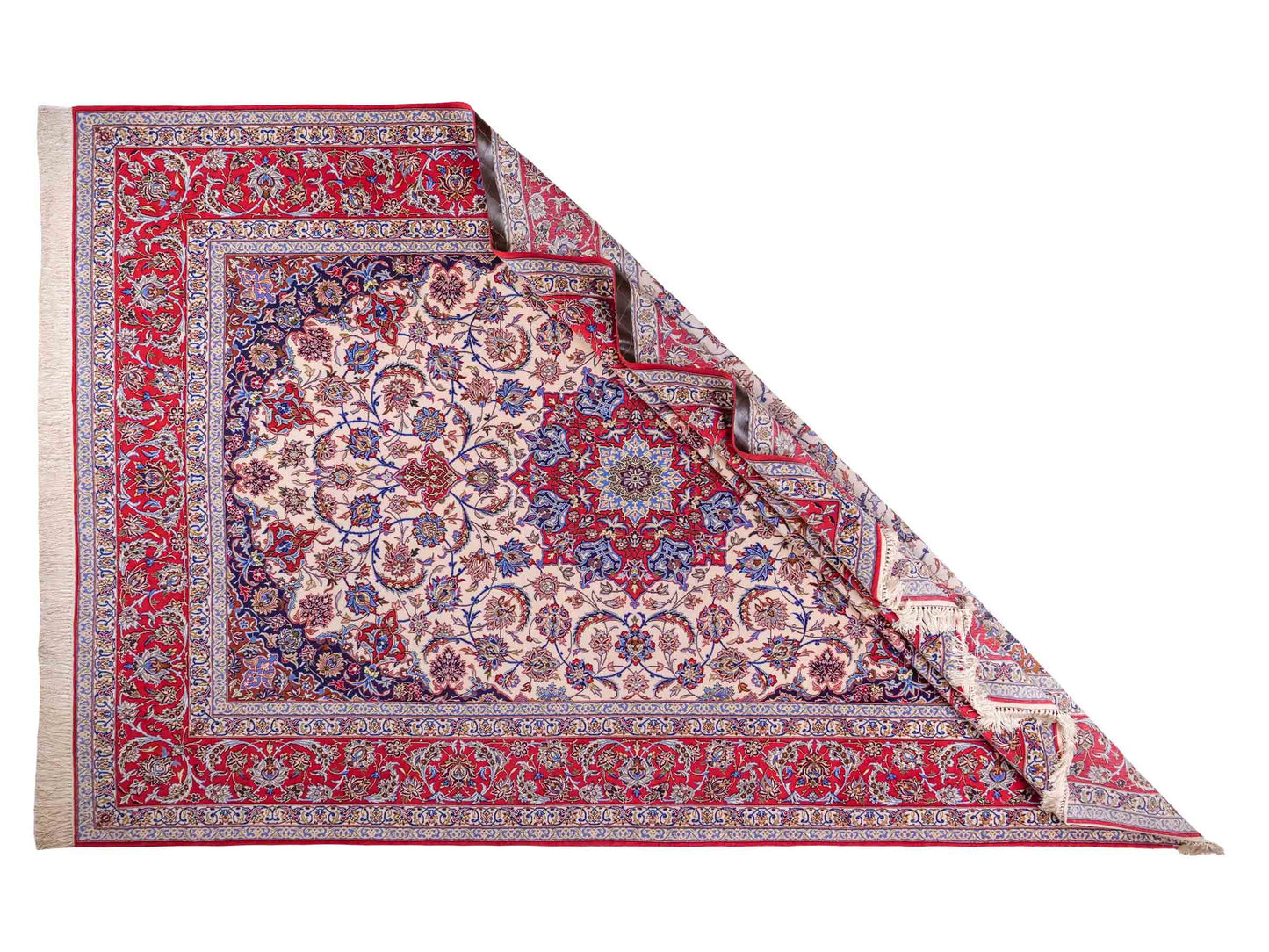 Handgeknüpfter Isfahan Perserteppich von Khademi aus Wolle mit Seide, rot-cremeweiß. Feiner, persischer Teppich mit Medaillon. Orientteppich, geknüpft in Iran. Größe: 307 x 201 cm. Teppichnummer: SB3-1172 | Jupiter Intl