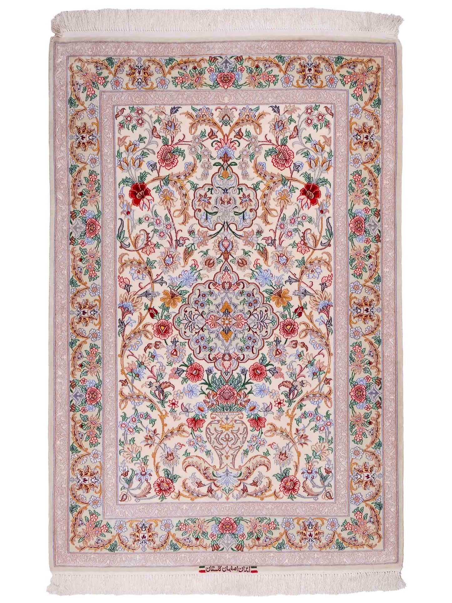 Handgeknüpfter "Golestan" Isfahan Perserteppich von Khademi aus Wolle mit Seide, weiß, creme. Feiner, persischer Teppich mit Medaillon, signiert. Orientteppich handgeknüpft in Iran. Größe: 160 x 109 cm. Teppichnummer: DB3-1052. Jupiter Intl.