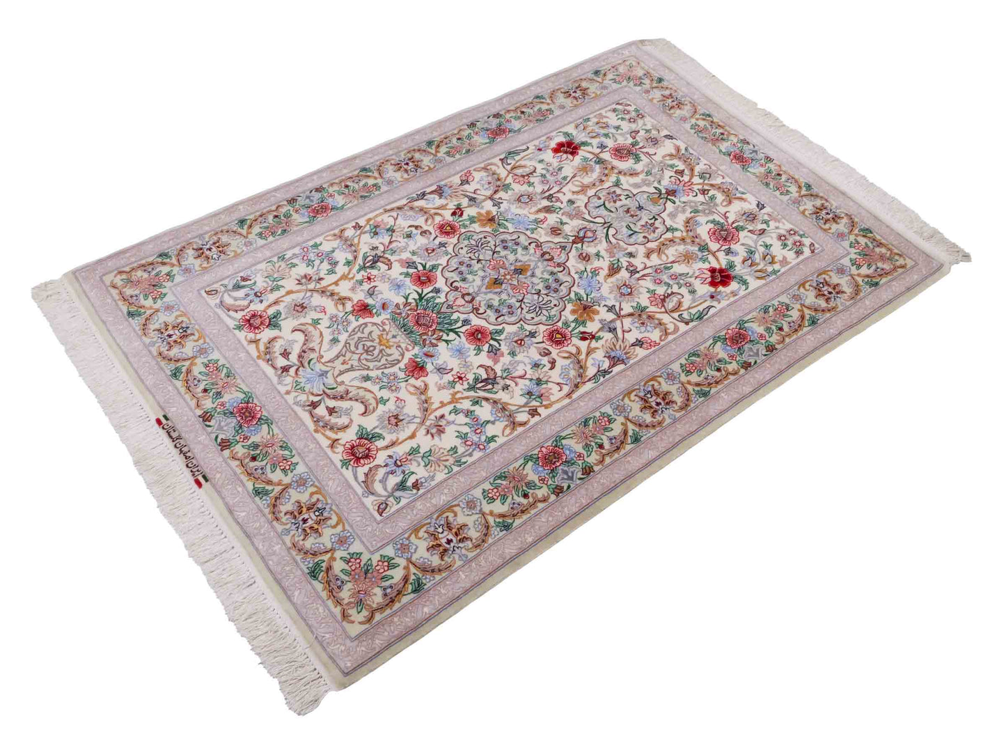 Handgeknüpfter "Golestan" Isfahan Perserteppich von Khademi aus Wolle mit Seide, weiß, creme. Feiner, persischer Teppich mit Medaillon, signiert. Orientteppich handgeknüpft in Iran. Größe: 160 x 109 cm. Teppichnummer: DB3-1052. Jupiter Intl.