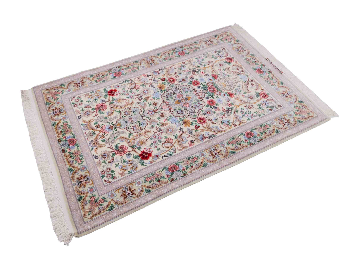 Handgeknüpfter "Golestan" Isfahan Perserteppich von Khademi aus Wolle mit Seide, weiß, creme. Feiner, persischer Teppich mit Medaillon, signiert. Orientteppich handgeknüpft in Iran. Größe: 160 x 109 cm. Teppichnummer: DB3-1052. Jupiter Intl.