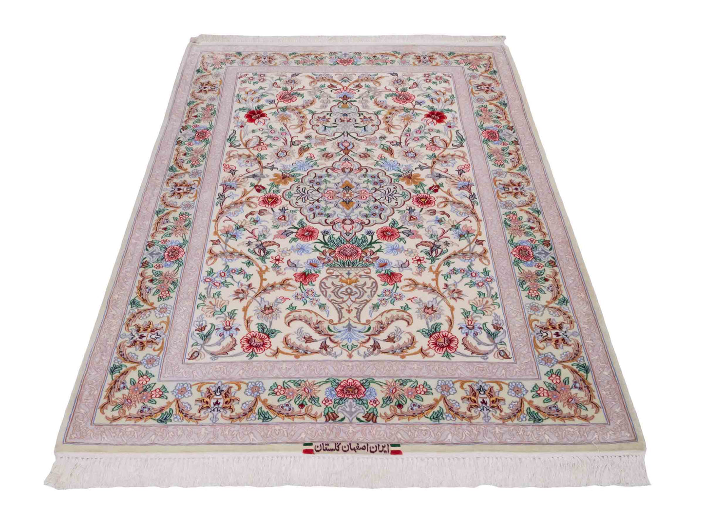 Handgeknüpfter "Golestan" Isfahan Perserteppich von Khademi aus Wolle mit Seide, weiß, creme. Feiner, persischer Teppich mit Medaillon, signiert. Orientteppich handgeknüpft in Iran. Größe: 160 x 109 cm. Teppichnummer: DB3-1052. Jupiter Intl.