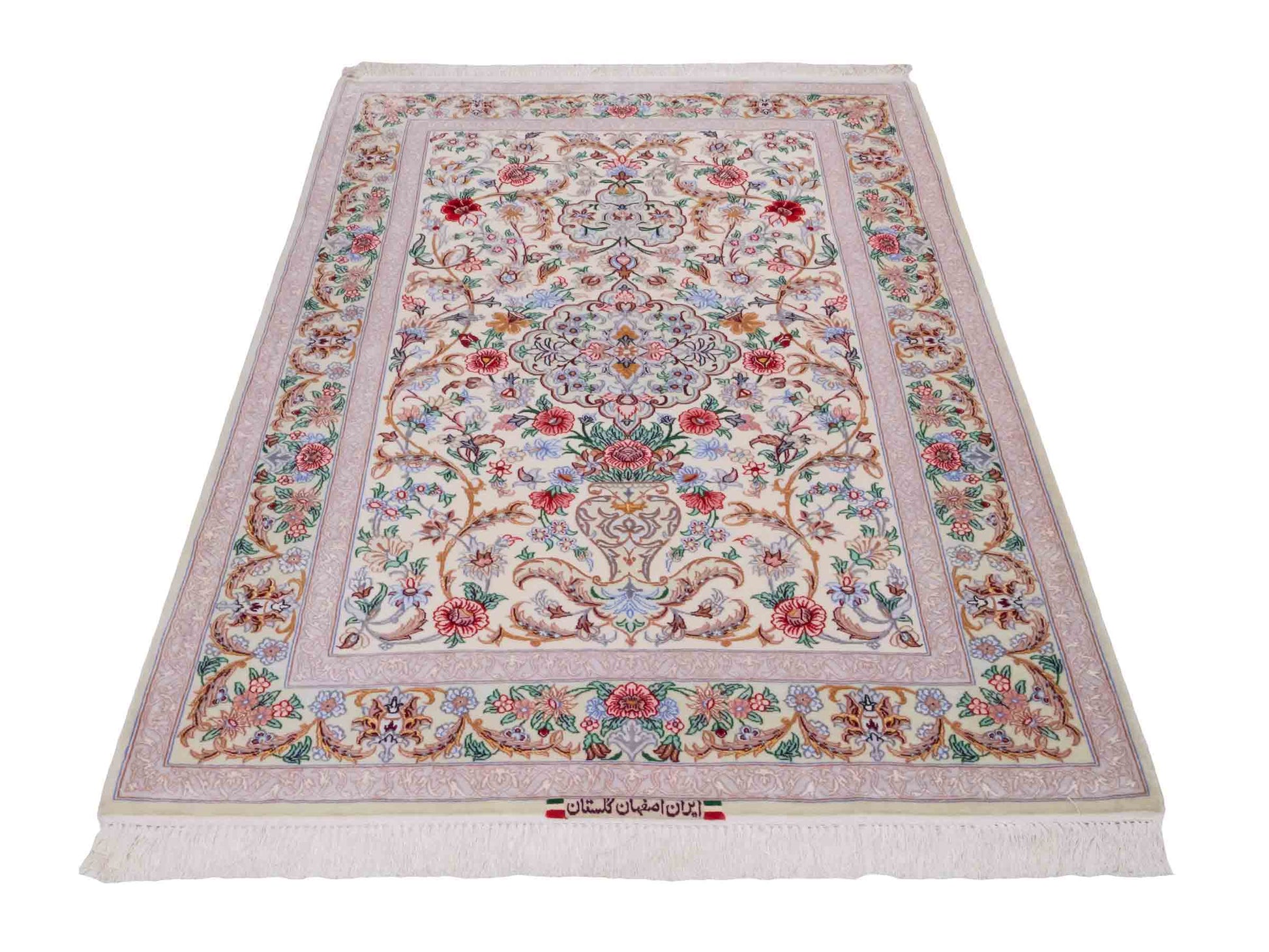 Handgeknüpfter "Golestan" Isfahan Perserteppich von Khademi aus Wolle mit Seide, weiß, creme. Feiner, persischer Teppich mit Medaillon, signiert. Orientteppich handgeknüpft in Iran. Größe: 160 x 109 cm. Teppichnummer: DB3-1052. Jupiter Intl.