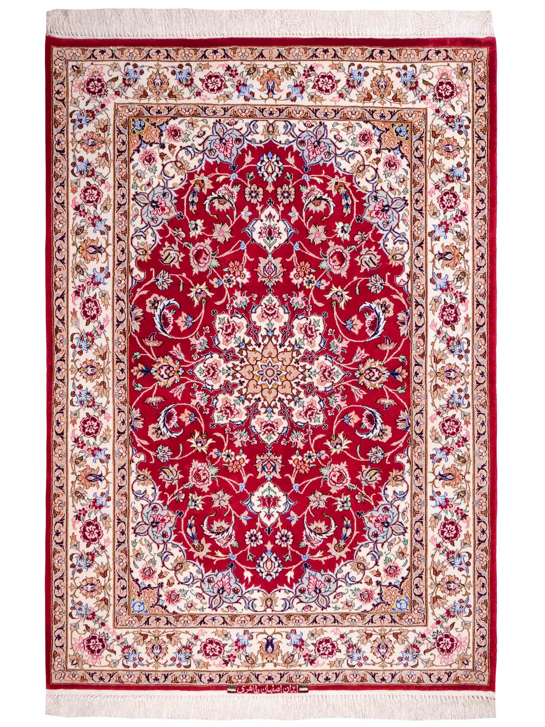 Handgeknüpfter "Taheri" Isfahan Perserteppich von Khademi aus Wolle mit Seide, rot-weiß. Feiner, persischer Teppich mit Medaillon, signiert. Orientteppich, geknüpft in Iran. Größe: 160 x 110 cm. Teppichnummer: SB3-1063 | Jupiter In