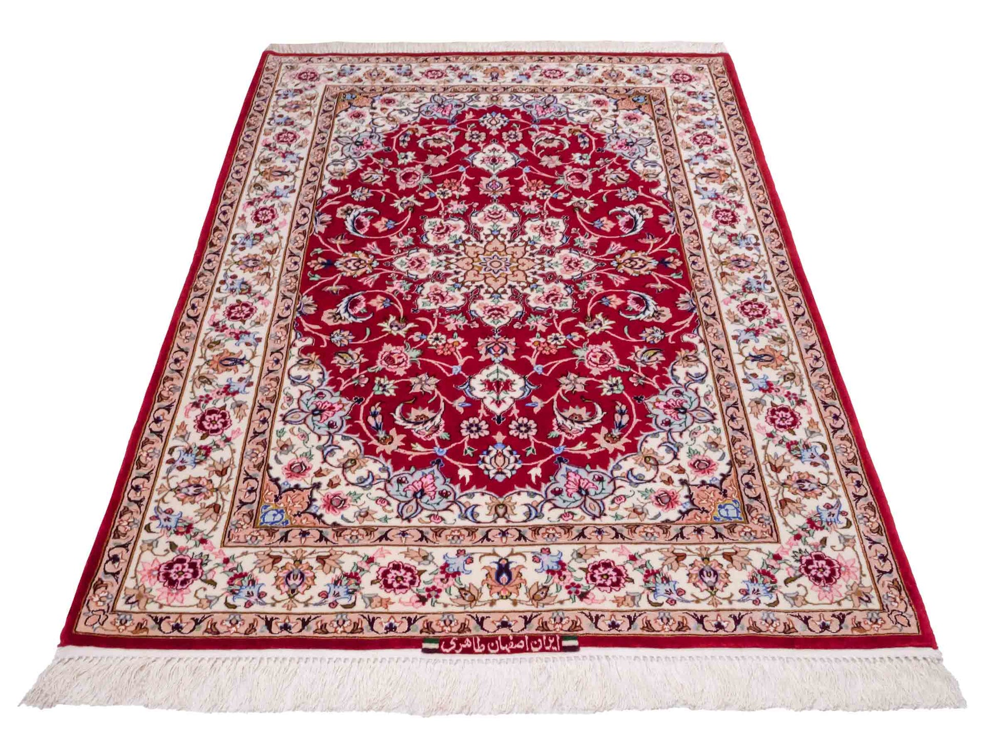 Handgeknüpfter "Taheri" Isfahan Perserteppich von Khademi aus Wolle mit Seide, rot-weiß. Feiner, persischer Teppich mit Medaillon, signiert. Orientteppich, geknüpft in Iran. Größe: 160 x 110 cm. Teppichnummer: SB3-1063 | Jupiter In