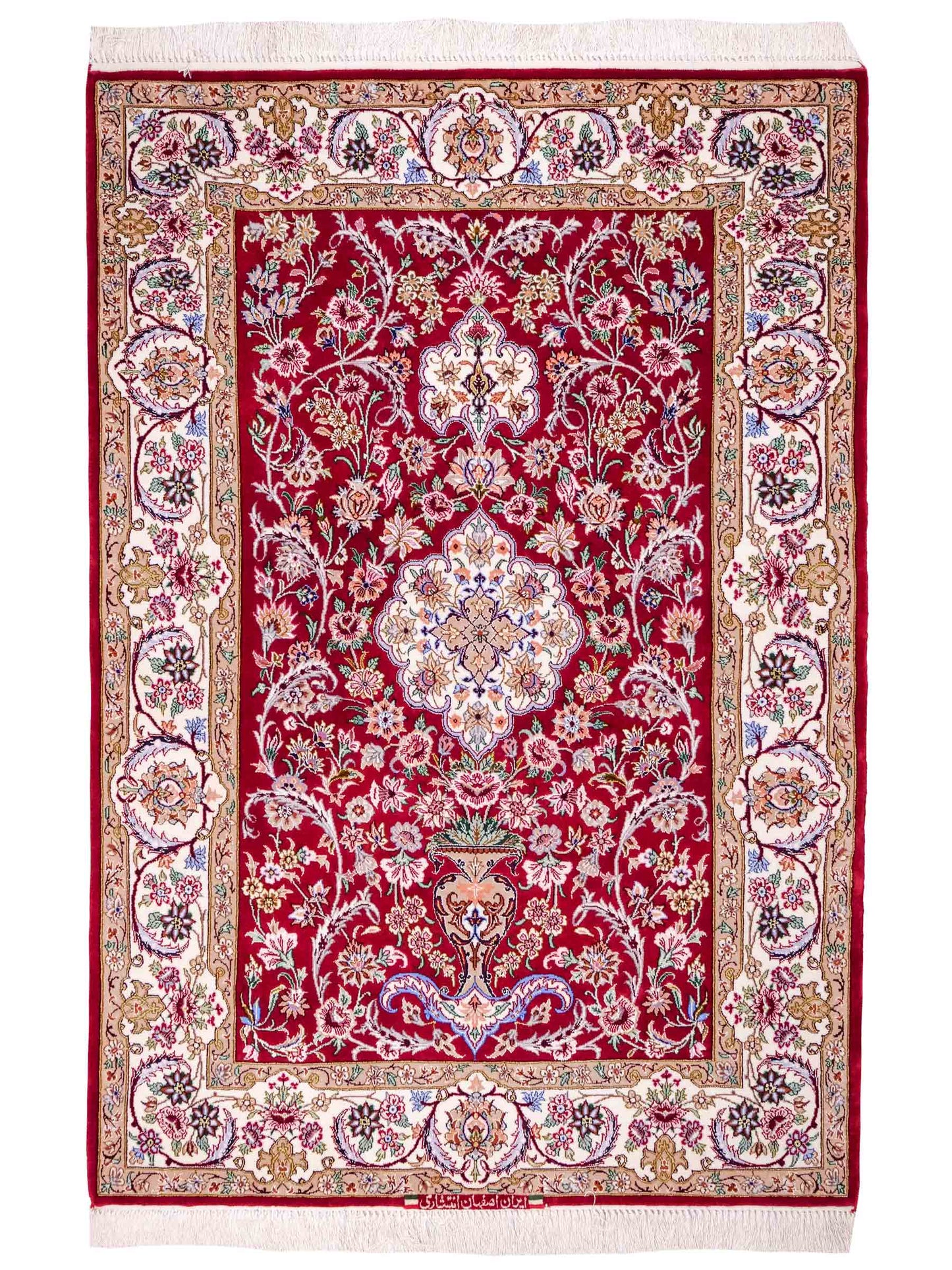 Handgeknüpfter "Entezari" Isfahan Perserteppich von Khademi aus Wolle mit Seide, rot-weiß. Feiner, persischer Teppich mit Medaillon, signiert. Orientteppich, geknüpft in Iran. Größe: 160 x 110 cm. Teppichnummer: SB3-1068 | Jupiter In