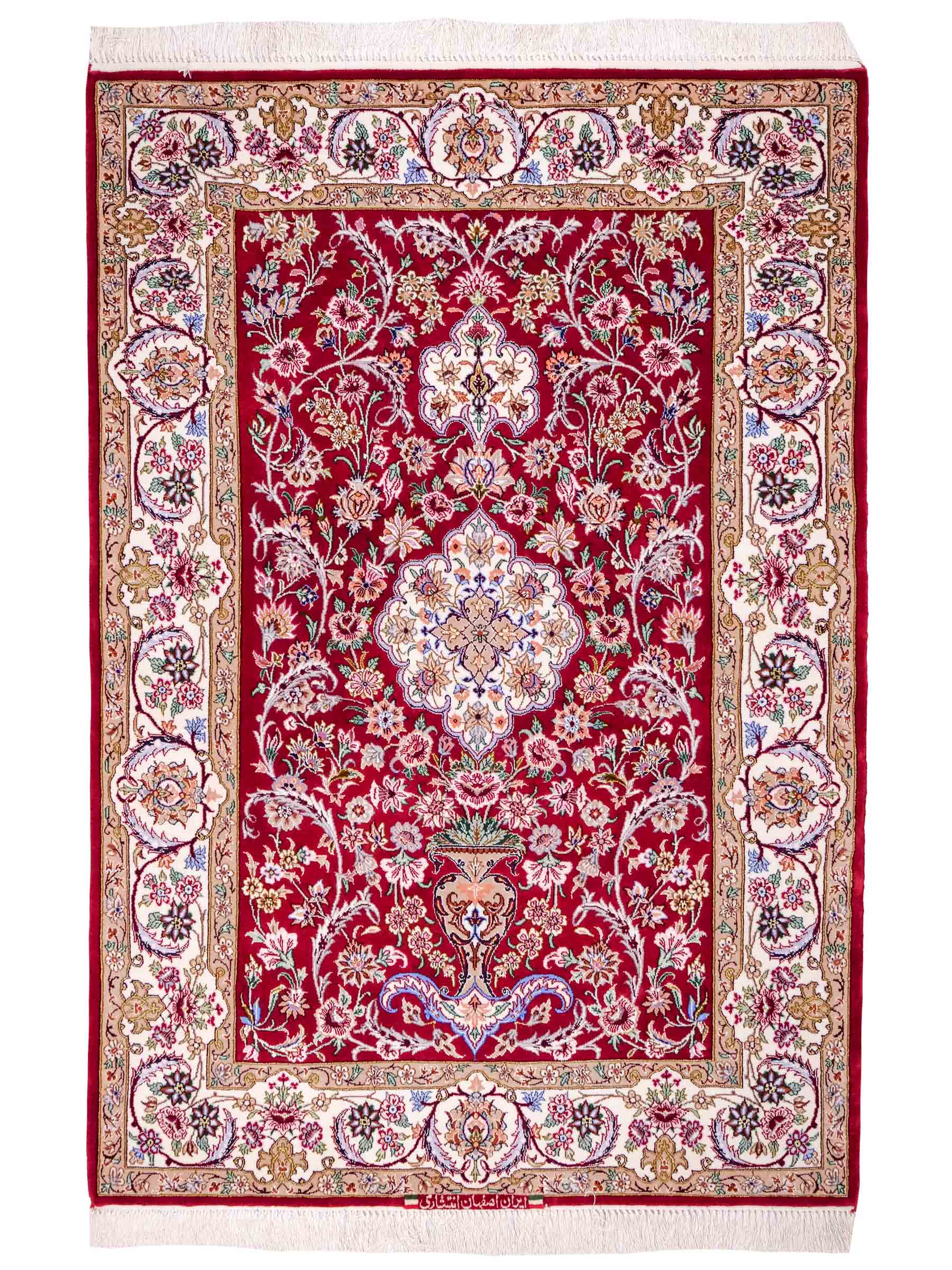 Handgeknüpfter "Entezari" Isfahan Perserteppich von Khademi aus Wolle mit Seide, rot-weiß. Feiner, persischer Teppich mit Medaillon, signiert. Orientteppich, geknüpft in Iran. Größe: 160 x 110 cm. Teppichnummer: SB3-1068 | Jupiter In