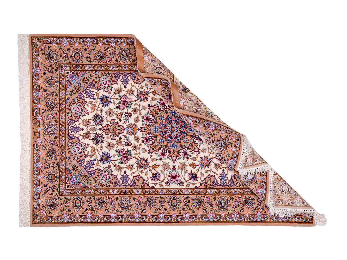 Handgeknüpfter "Mazaheri" Isfahan Perserteppich von Khademi aus Wolle mit Seide, beige, creme. Feiner, persischer Teppich mit Medaillon, signiert. Orientteppich handgeknüpft in Iran. Größe: 162 x 110 cm. Teppichnummer: DB3-1047 Jupiter Intl.