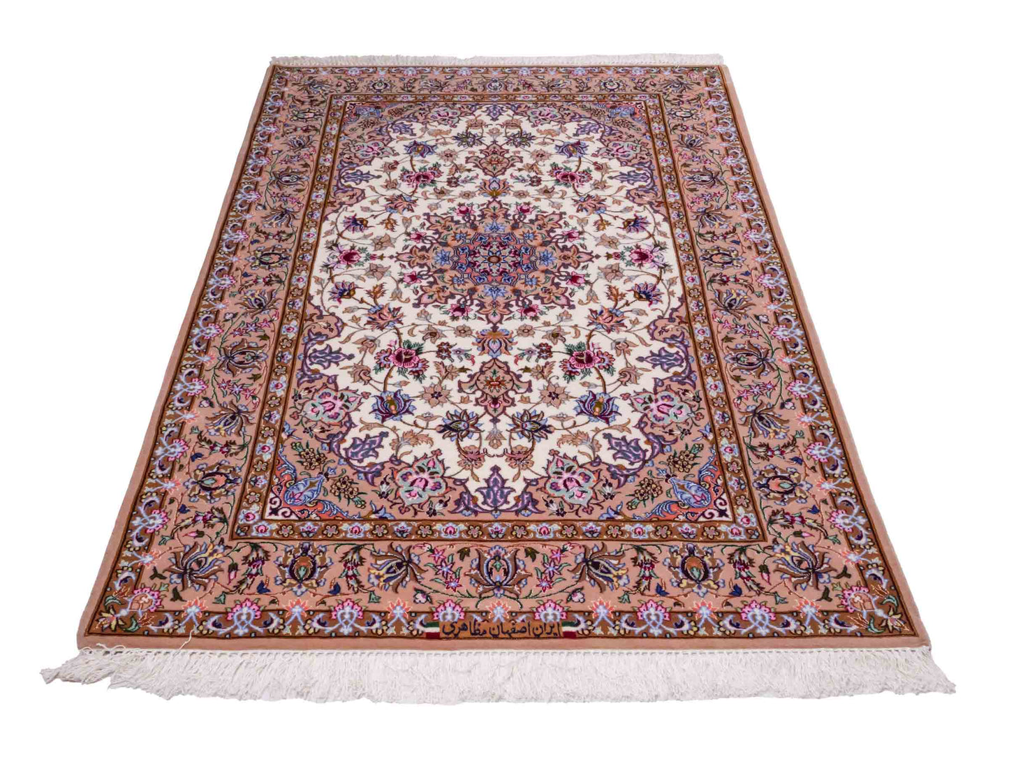 Handgeknüpfter "Mazaheri" Isfahan Perserteppich von Khademi aus Wolle mit Seide, beige, creme. Feiner, persischer Teppich mit Medaillon, signiert. Orientteppich handgeknüpft in Iran. Größe: 162 x 110 cm. Teppichnummer: DB3-1047 Jupiter Intl.