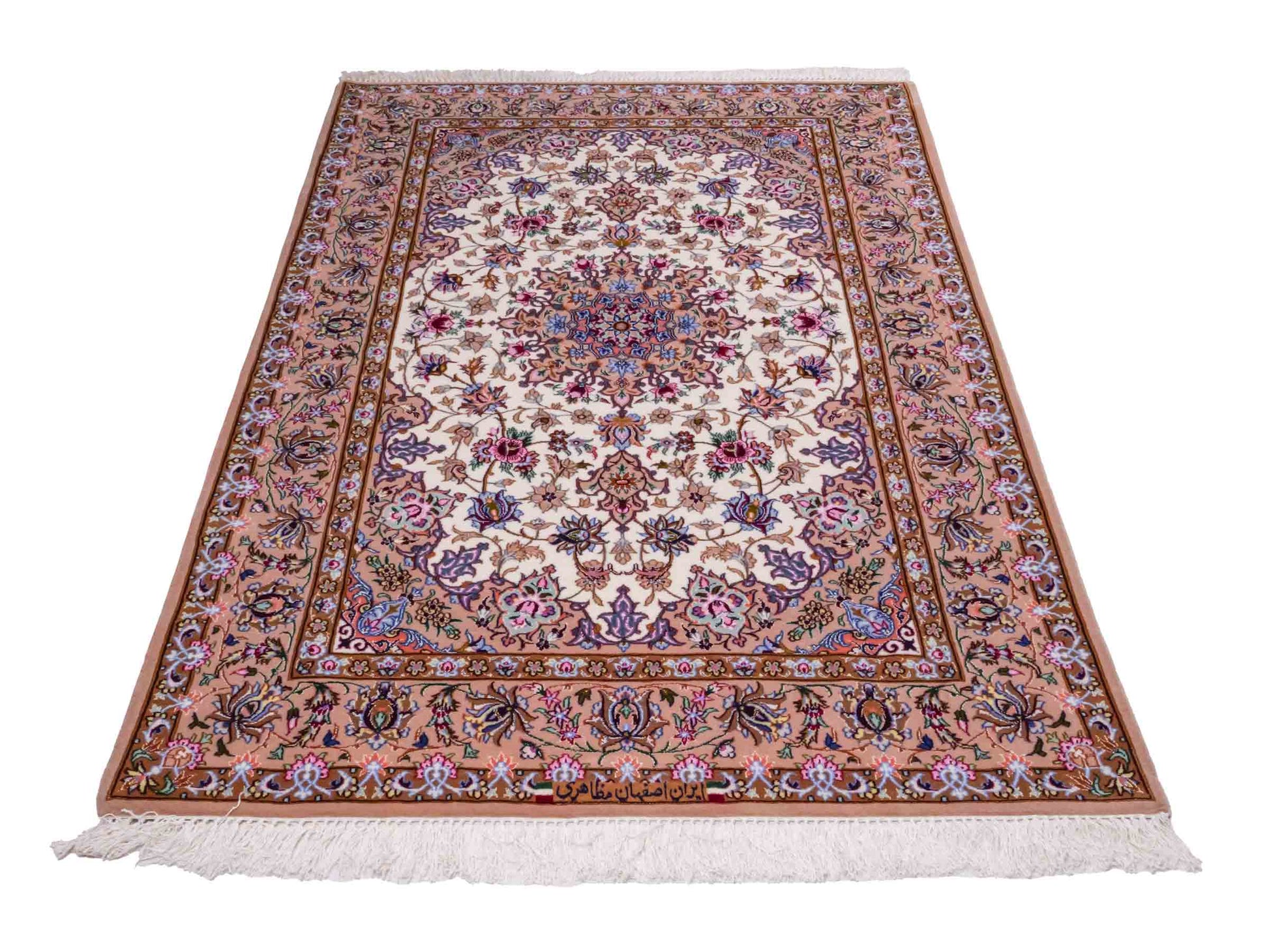 Handgeknüpfter "Mazaheri" Isfahan Perserteppich von Khademi aus Wolle mit Seide, beige, creme. Feiner, persischer Teppich mit Medaillon, signiert. Orientteppich handgeknüpft in Iran. Größe: 162 x 110 cm. Teppichnummer: DB3-1047 Jupiter Intl.