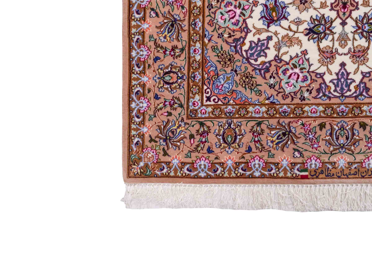 Handgeknüpfter "Mazaheri" Isfahan Perserteppich von Khademi aus Wolle mit Seide, beige, creme. Feiner, persischer Teppich mit Medaillon, signiert. Orientteppich handgeknüpft in Iran. Größe: 162 x 110 cm. Teppichnummer: DB3-1047 Jupiter Intl.