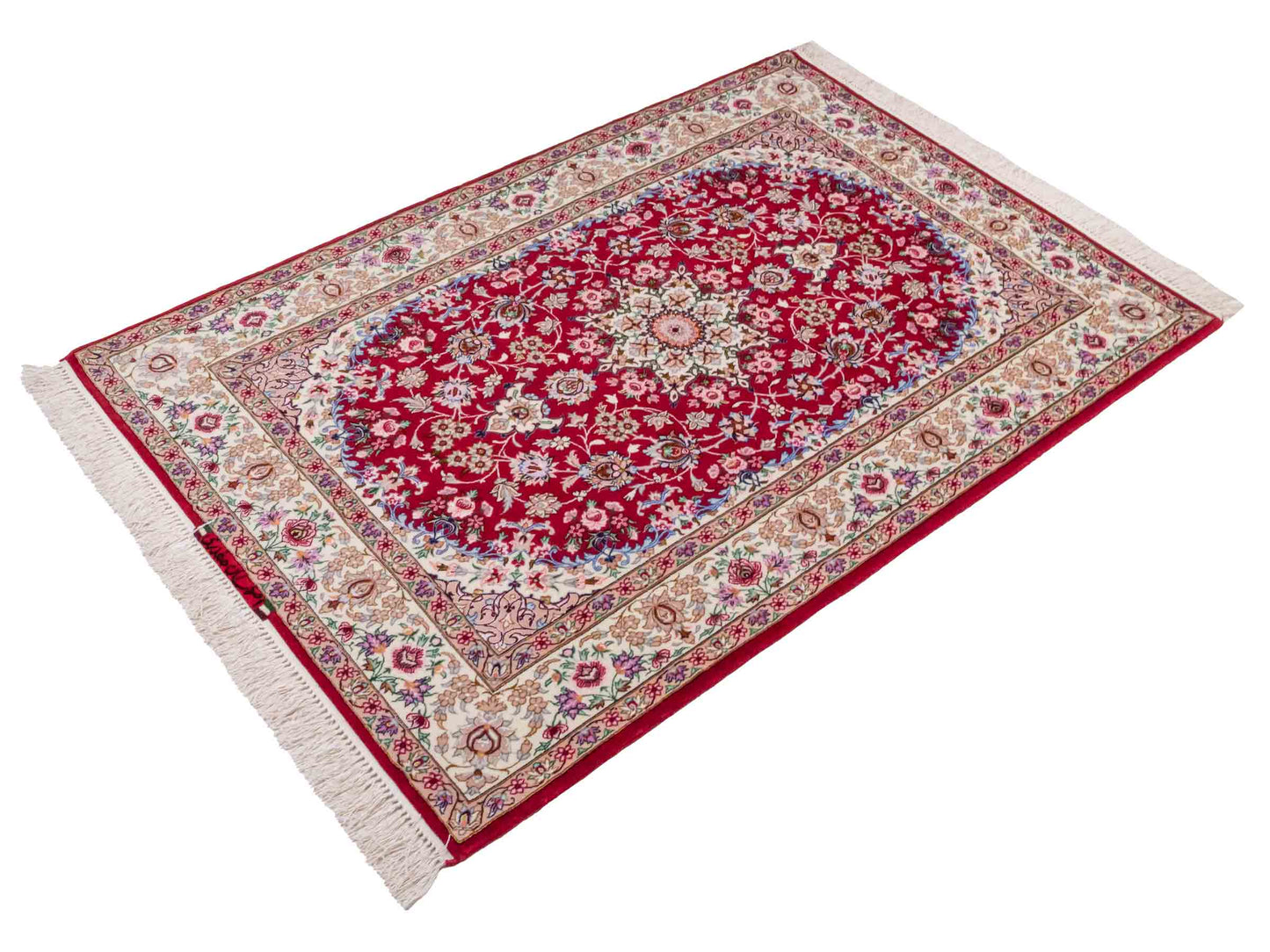 Handgeknüpfter "Safdari" Isfahan Perserteppich von Khademi aus Wolle mit Seide, rot-cremeweiß. Feiner, persischer Teppich mit Medaillon, signiert. Orientteppich, handgeknüpft in Iran. Größe: 163 x 111 cm. Teppichnummer: DB3-1048 Jupiter Intl.