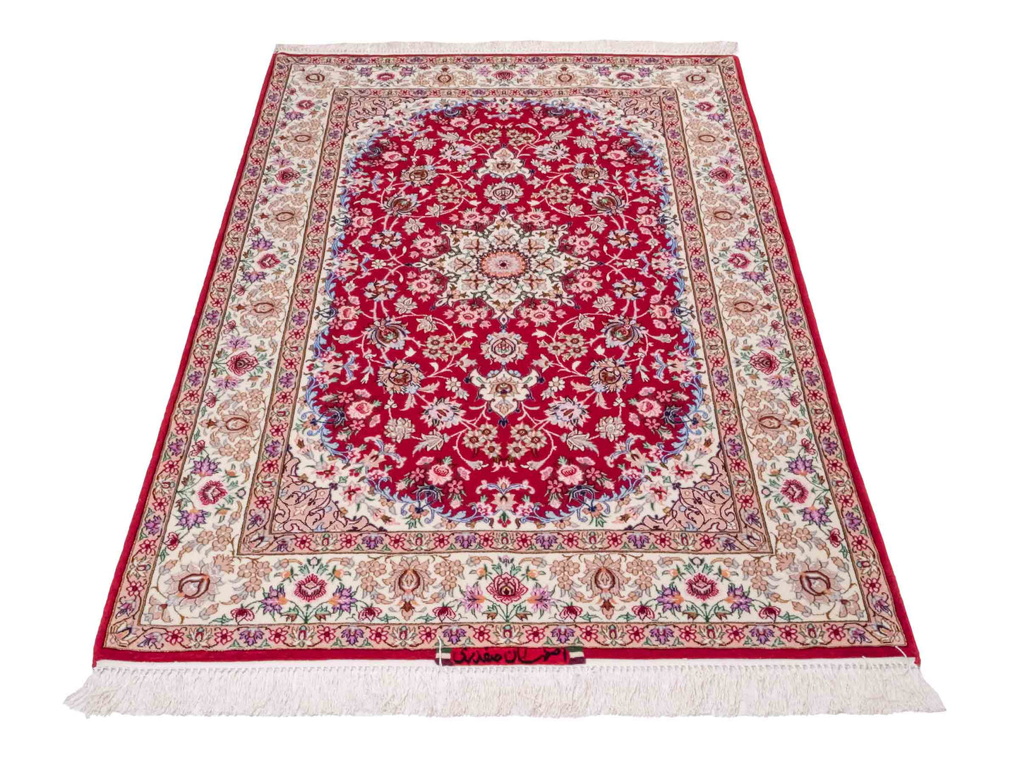 Handgeknüpfter "Safdari" Isfahan Perserteppich von Khademi aus Wolle mit Seide, rot-cremeweiß. Feiner, persischer Teppich mit Medaillon, signiert. Orientteppich, handgeknüpft in Iran. Größe: 163 x 111 cm. Teppichnummer: DB3-1048 Jupiter Intl.
