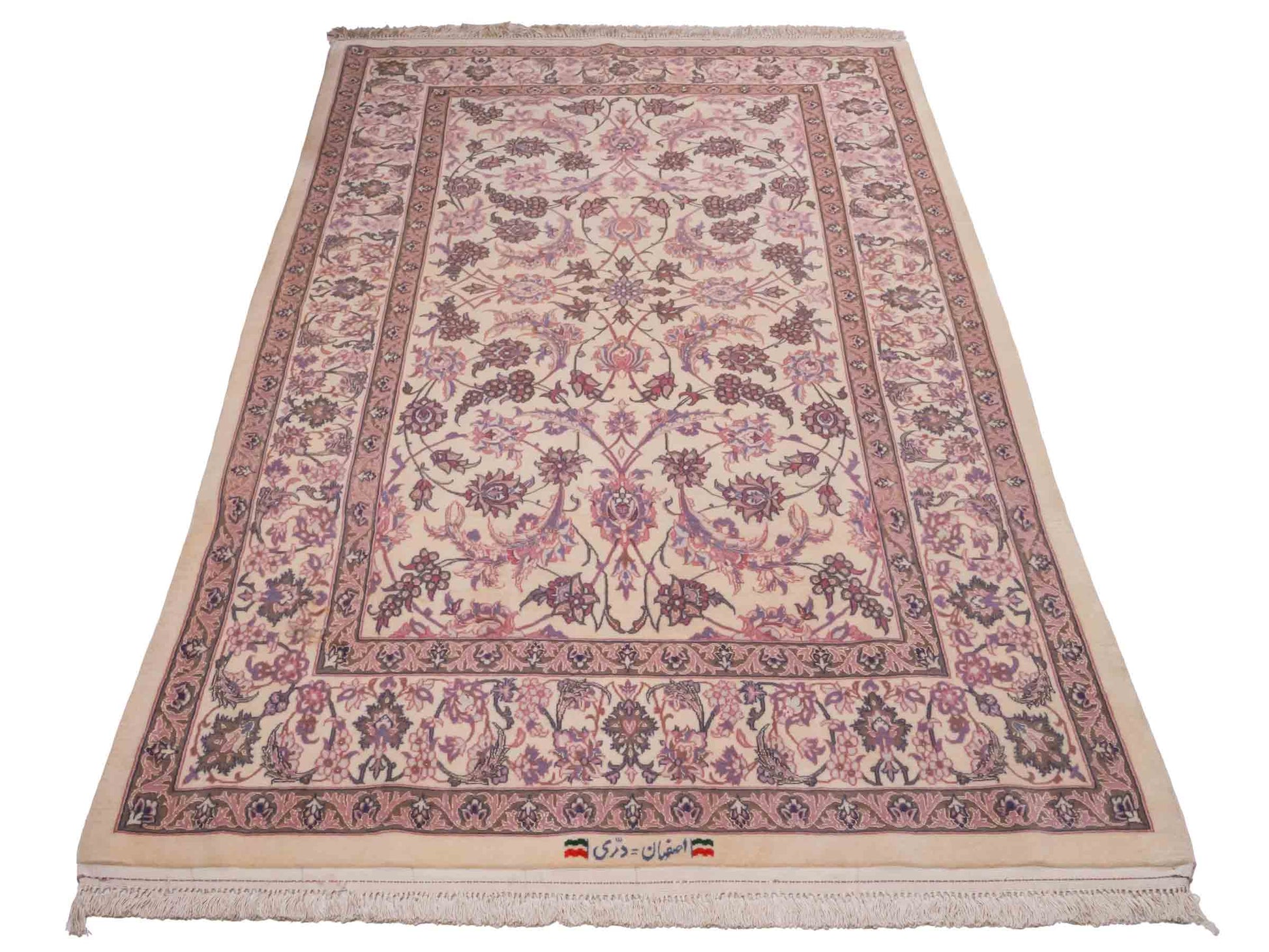 Handgeknüpfter "Darri" Isfahan Perserteppich von Khademi aus Wolle mit Seide, cremeweiß, rosa. Feiner, persischer Teppich mit Allover-Motiv, signiert. Orientteppich, geknüpft in Iran. Größe: 164 x 107 cm. Teppichnummer: SB3-1059 | Jupiter In