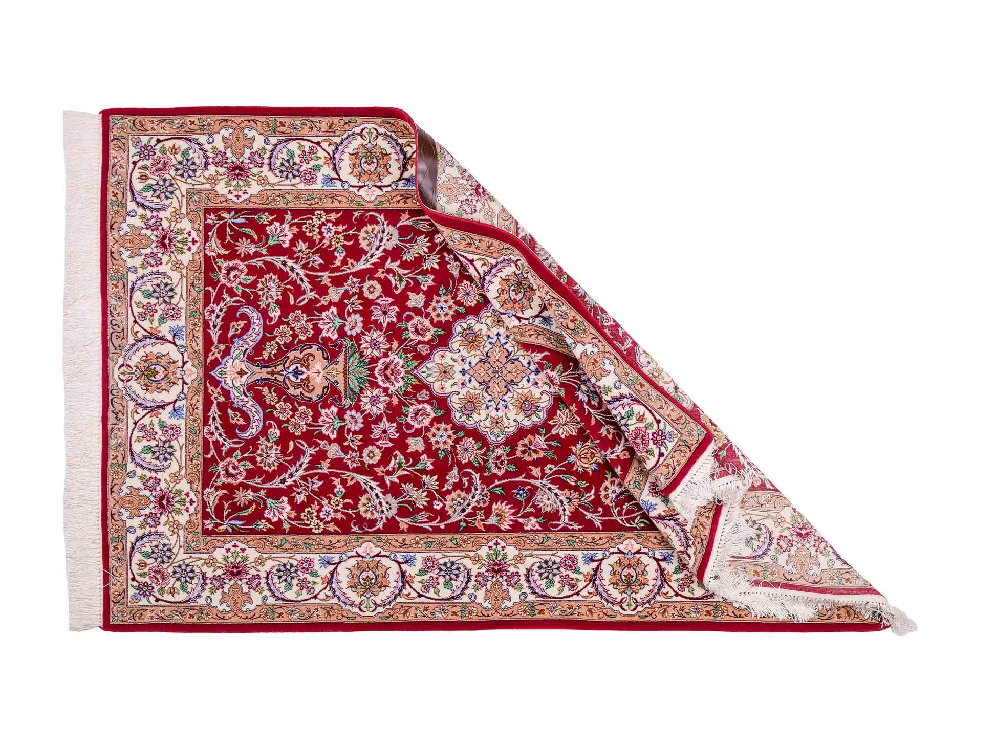 Handgeknüpfter "Entezari" Isfahan Perserteppich von Khademi aus Wolle mit Seide, rot. Feiner, persischer Teppich mit Medaillon, signiert. Orientteppich, geknüpft in Iran. Größe: 164 x 118 cm. Teppichnummer: SB3-1053 | Jupiter Intl.