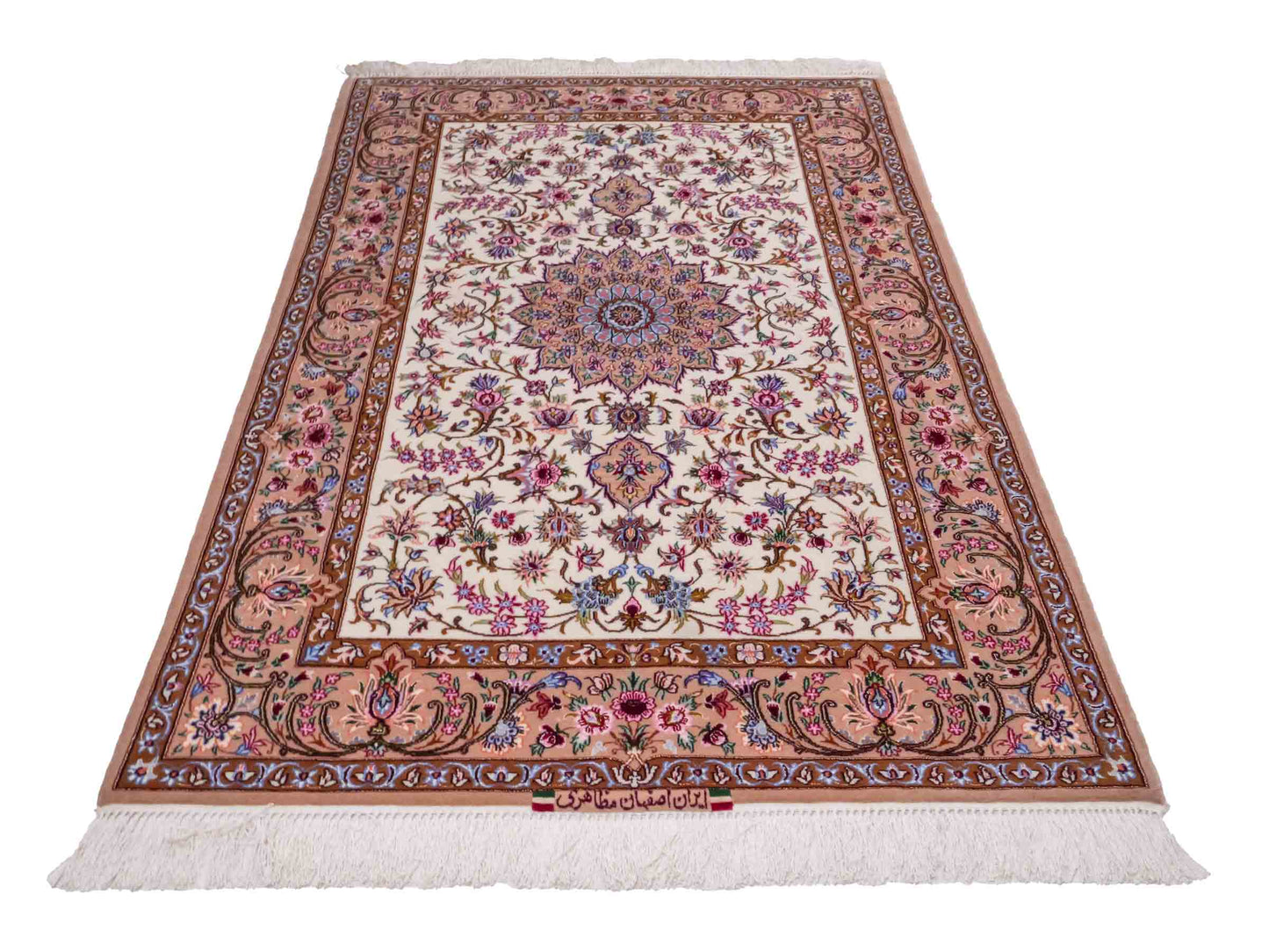Handgeknüpfter "Mazaheri" Isfahan Perserteppich von Khademi aus Wolle & Seide, beige, cremeweiß. Persischer Teppich mit Medaillon, signiert, fein. Orientteppich geknüpft in Iran. Größe: 166 cm x 107 cm. Teppichnummer: DB3-1006 | Jupiter Intl.