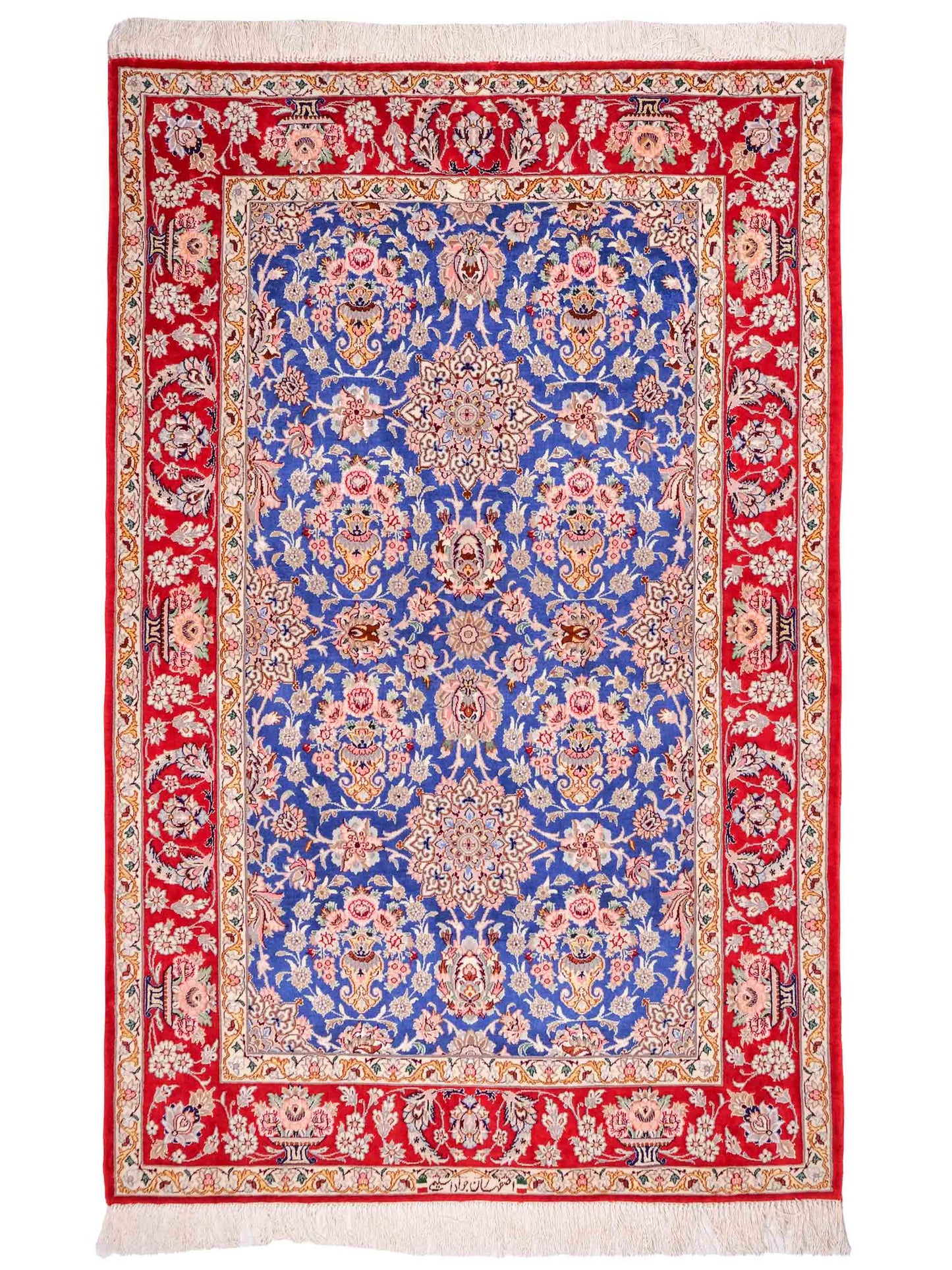 Handgeknüpfter "Javad Eslimi" Isfahan Perserteppich von Khademi aus Wolle mit Seide, blau-rot Feiner, persischer Teppich mit Allover-Motiv, signiert. Orientteppich, geknüpft in Iran. Größe: 169 x 107 cm. Teppichnummer: SB3-1064 | Jupiter In