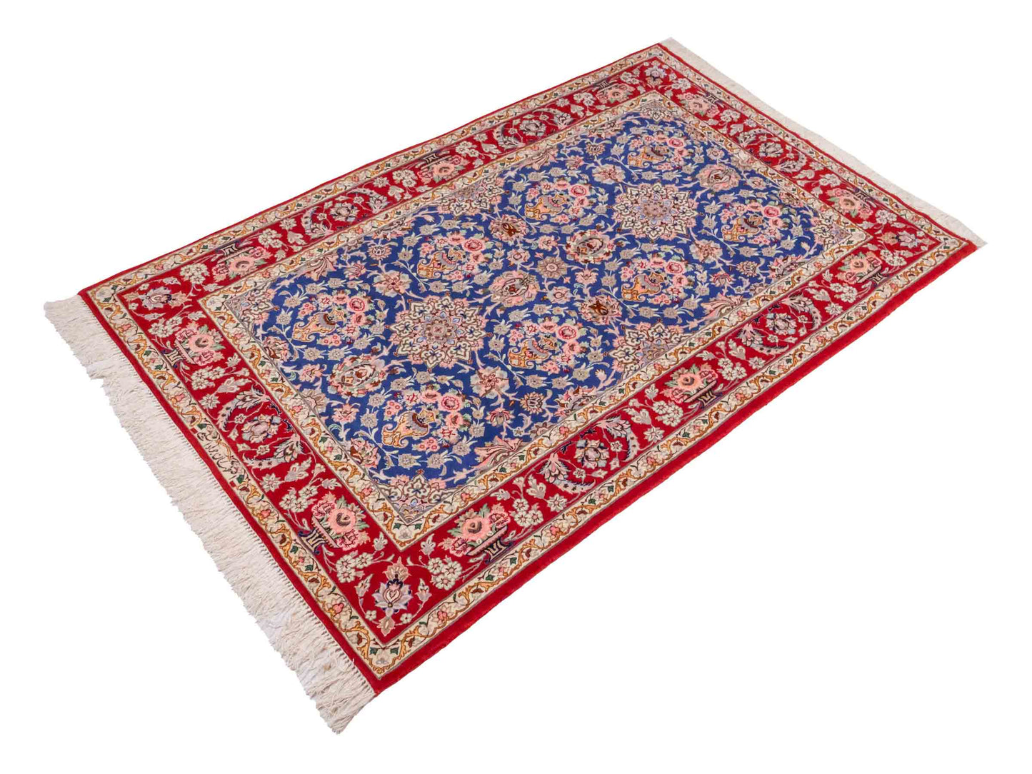 Handgeknüpfter "Javad Eslimi" Isfahan Perserteppich von Khademi aus Wolle mit Seide, blau-rot Feiner, persischer Teppich mit Allover-Motiv, signiert. Orientteppich, geknüpft in Iran. Größe: 169 x 107 cm. Teppichnummer: SB3-1064 | Jupiter In