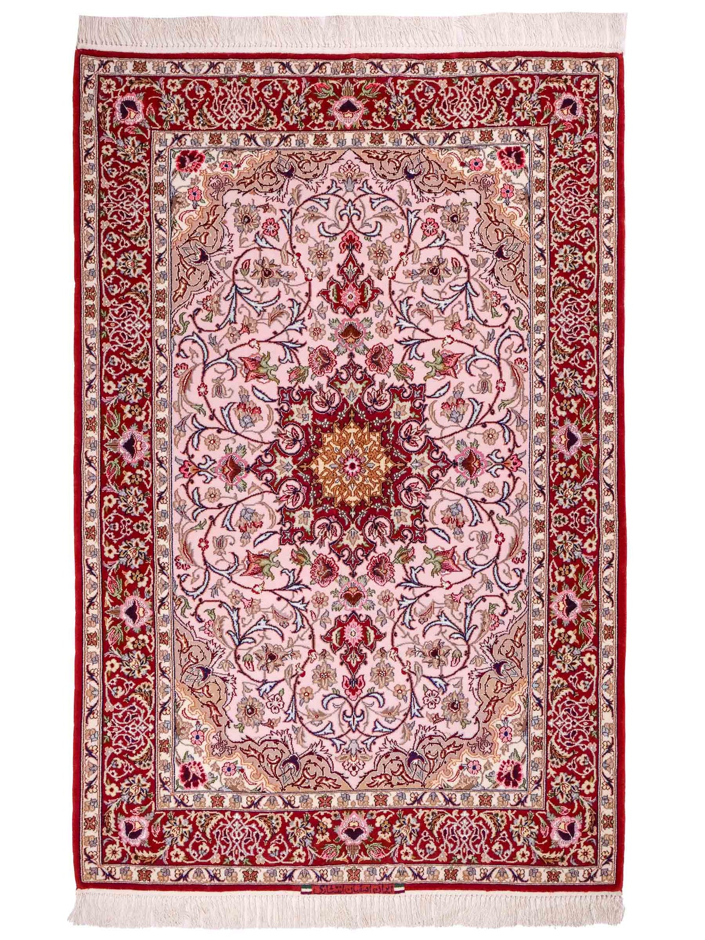 Handgeknüpfter "Entezari" Isfahan Perserteppich von Khademi aus Wolle mit Seide, rot-rosa. Feiner, persischer Teppich mit Medaillon, signiert. Orientteppich, von Hand geknüpft in Iran. Größe: 169 x 110 cm. Teppichnummer: DB3-1032 Jupiter Intl.