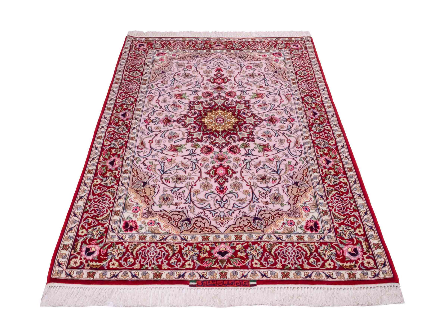 Handgeknüpfter "Entezari" Isfahan Perserteppich von Khademi aus Wolle mit Seide, rot-rosa. Feiner, persischer Teppich mit Medaillon, signiert. Orientteppich, von Hand geknüpft in Iran. Größe: 169 x 110 cm. Teppichnummer: DB3-1032 Jupiter Intl.
