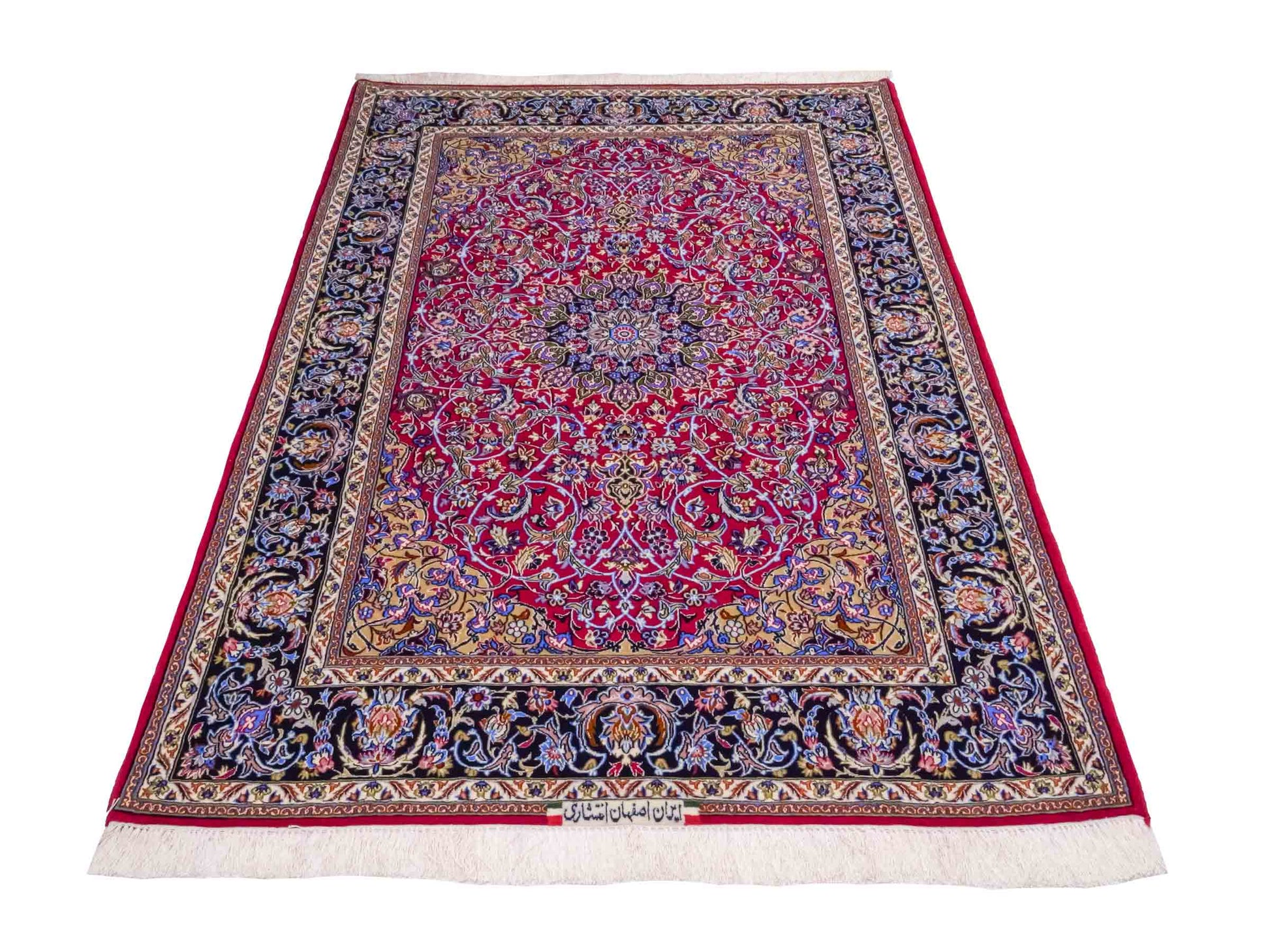 Handgeknüpfter "Entezari" Isfahan Perserteppich von Khademi aus Wolle mit Seide, rot-blau. Feiner, persischer Teppich mit Medaillon, signiert. Orientteppich, von Hand geknüpft in Iran. Größe: 169 x 112 cm. Teppichnummer: DB3-1031 Jupiter Intl.