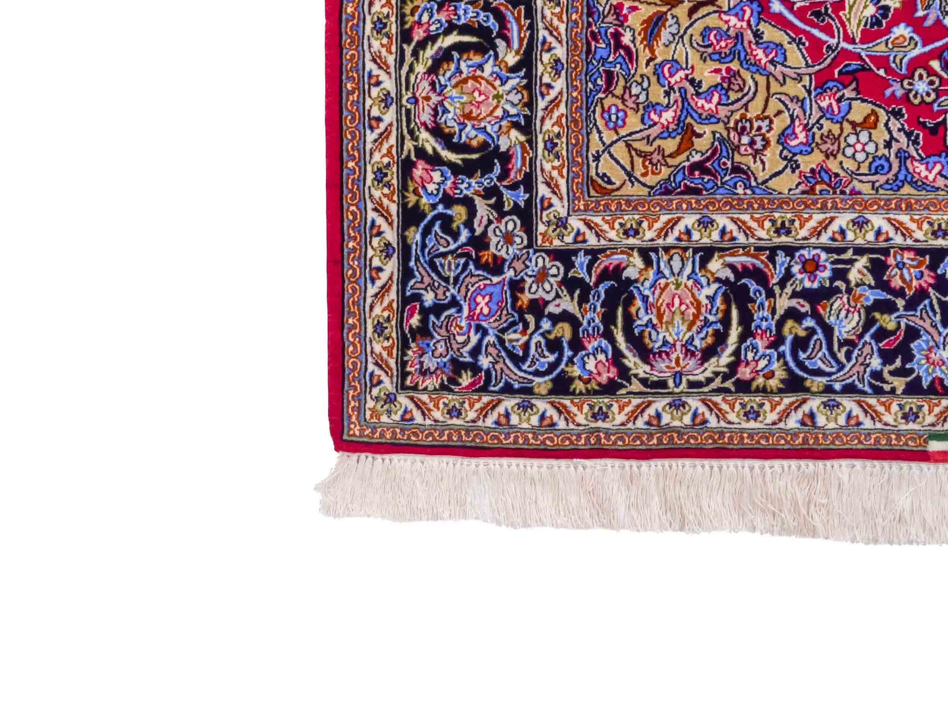 Handgeknüpfter "Entezari" Isfahan Perserteppich von Khademi aus Wolle mit Seide, rot-blau. Feiner, persischer Teppich mit Medaillon, signiert. Orientteppich, von Hand geknüpft in Iran. Größe: 169 x 112 cm. Teppichnummer: DB3-1031 Jupiter Intl.