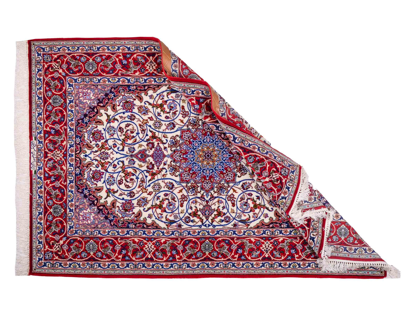 Handgeknüpfter "Seyrafian" Isfahan Perserteppich von Khademi aus Wolle mit Seide, rot-weiß. Feiner, persischer Teppich mit Medaillon, signiert. Orientteppich, geknüpft in Iran. Größe: 169 x 116 cm. Teppichnummer: SB3-1071 | Jupiter In