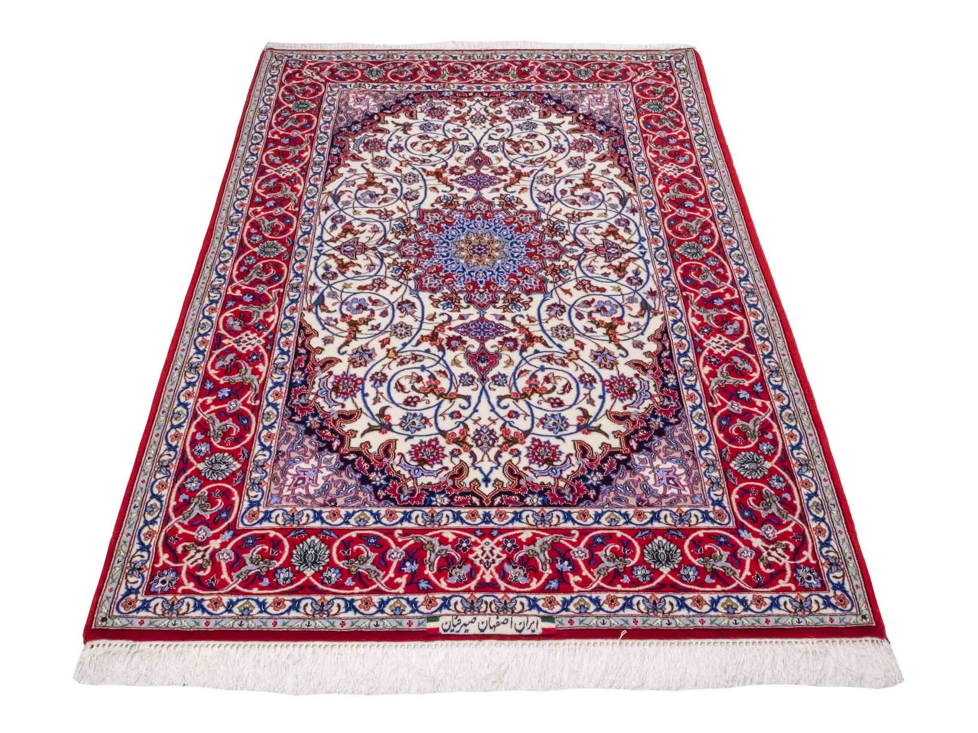 Handgeknüpfter "Seyrafian" Isfahan Perserteppich von Khademi aus Wolle mit Seide, rot-weiß. Feiner, persischer Teppich mit Medaillon, signiert. Orientteppich, geknüpft in Iran. Größe: 169 x 116 cm. Teppichnummer: SB3-1071 | Jupiter In