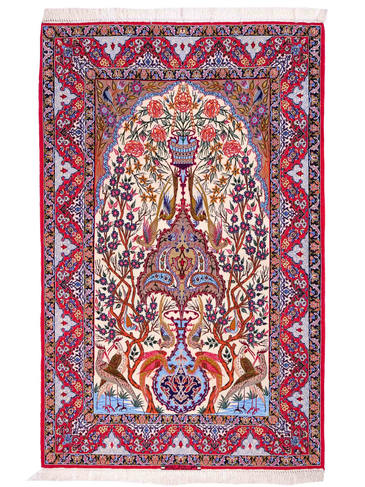 Handgeknüpfter "Emadzadeh" Isfahan Perserteppich von Khademi aus Wolle mit Seide, rot, creme. Feiner, persischer Teppich mit Bildmotiv, signiert. Orientteppich, geknüpft in Iran. Größe: 170 x 112 cm. Teppichnummer: SB3-1065 | Jupiter Intl.