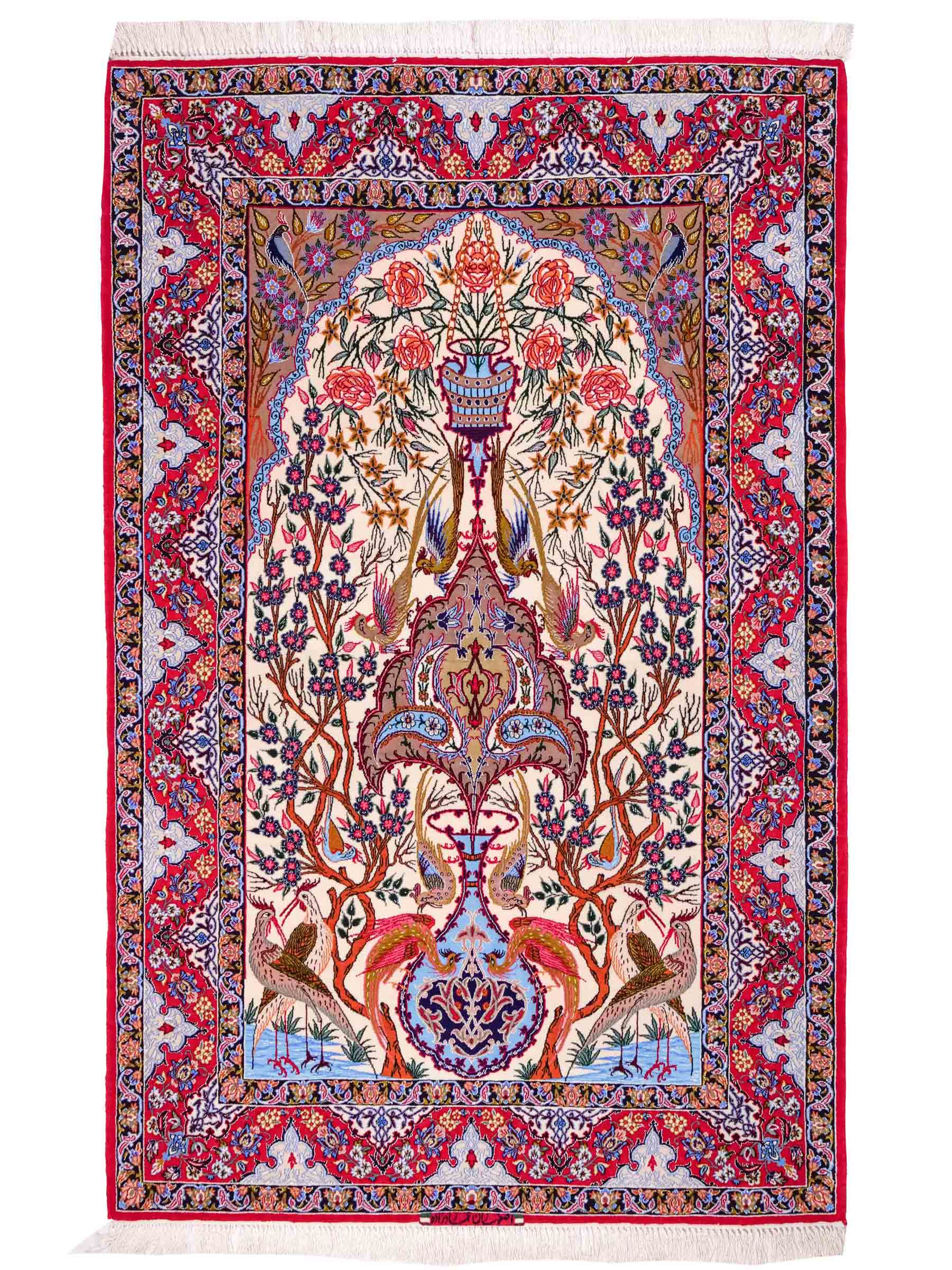 Handgeknüpfter "Emadzadeh" Isfahan Perserteppich von Khademi aus Wolle mit Seide, rot, creme. Feiner, persischer Teppich mit Bildmotiv, signiert. Orientteppich, geknüpft in Iran. Größe: 170 x 112 cm. Teppichnummer: SB3-1065 | Jupiter Intl.