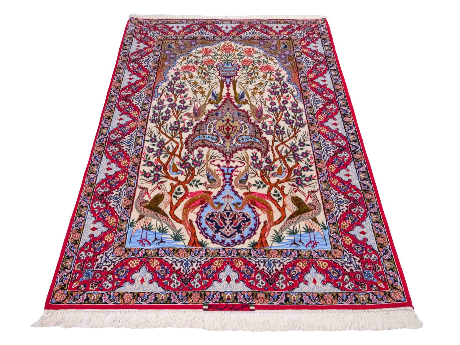 Handgeknüpfter "Emadzadeh" Isfahan Perserteppich von Khademi aus Wolle mit Seide, rot, creme. Feiner, persischer Teppich mit Bildmotiv, signiert. Orientteppich, geknüpft in Iran. Größe: 170 x 112 cm. Teppichnummer: SB3-1065 | Jupiter Intl.