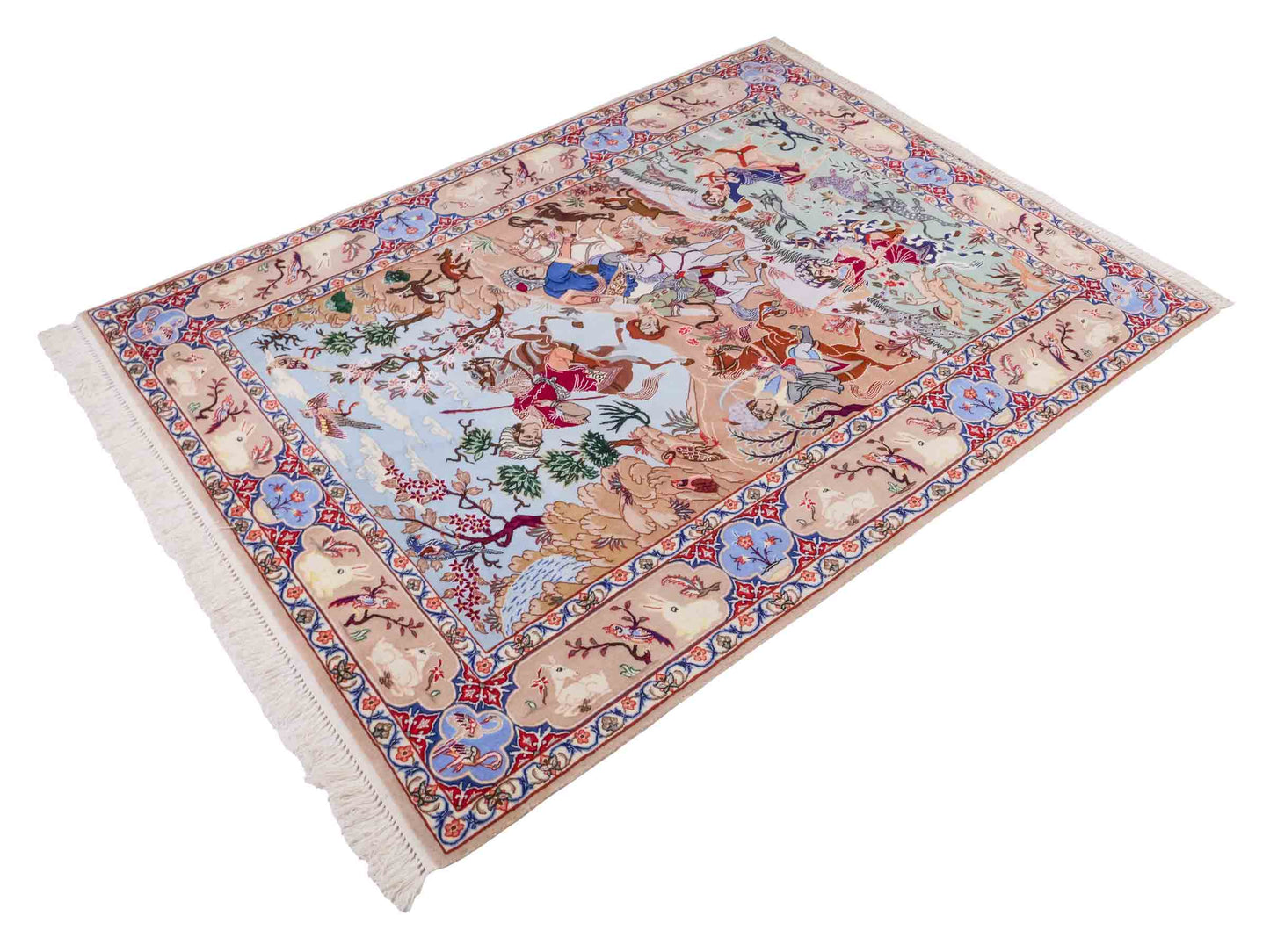 Handgeknüpfter "Emadi" Isfahan Perserteppich von Khademi aus Wolle mit Seide, beige-blau. Feiner, persischer Teppich mit Jagdmotiv, signiert. Orientteppich, geknüpft in Iran. Größe: 176 x 132 cm. Teppichnummer: SB3-1140 | Jupiter In