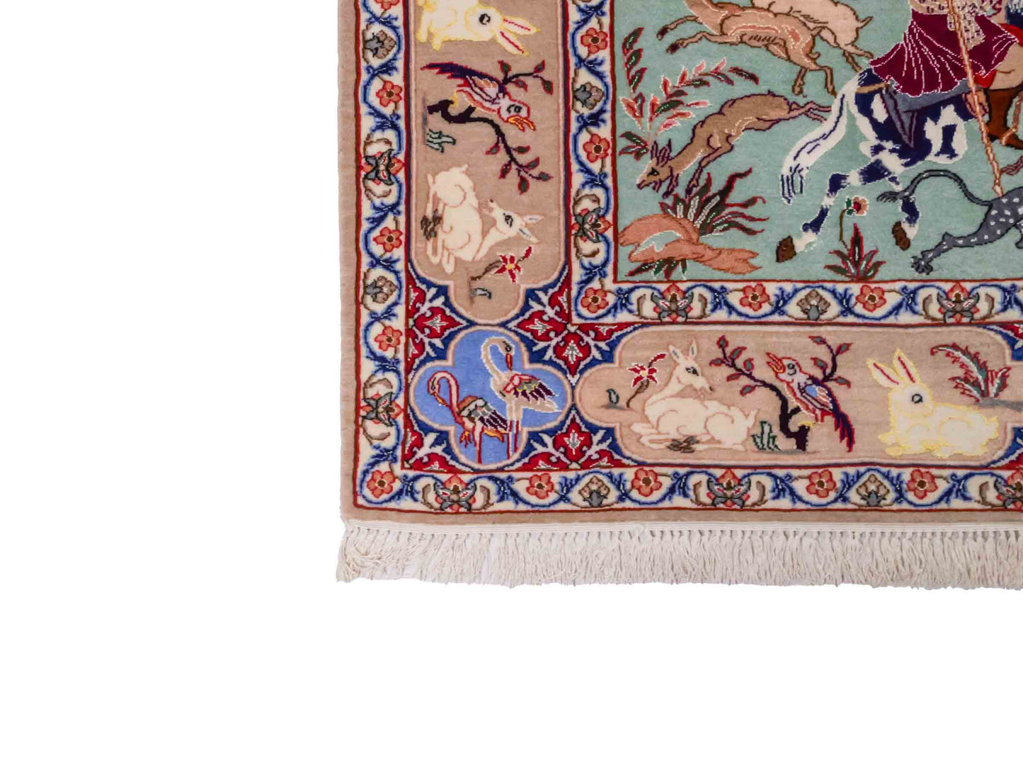 Handgeknüpfter "Emadi" Isfahan Perserteppich von Khademi aus Wolle mit Seide, beige-blau. Feiner, persischer Teppich mit Jagdmotiv, signiert. Orientteppich, geknüpft in Iran. Größe: 176 x 132 cm. Teppichnummer: SB3-1140 | Jupiter In
