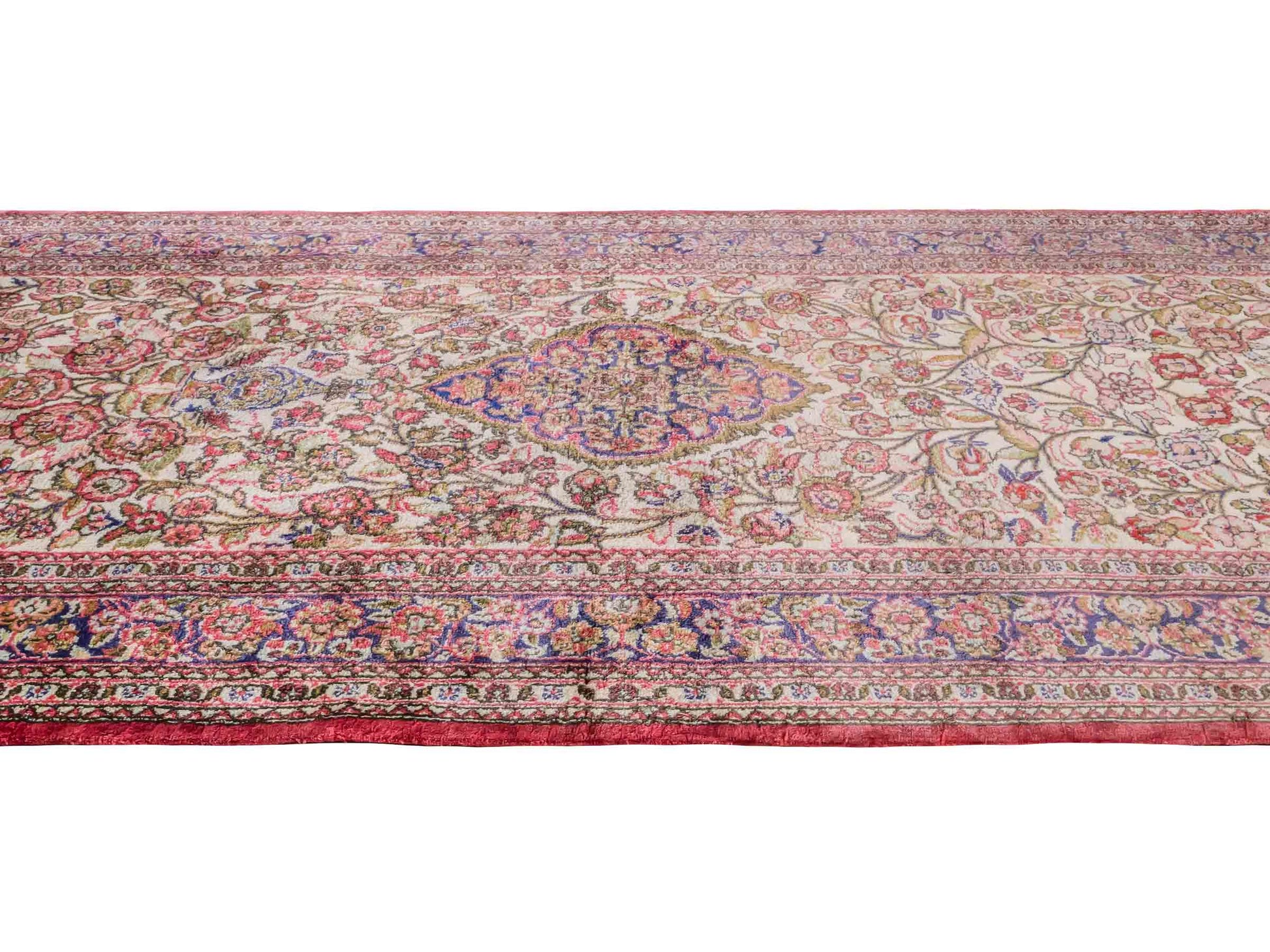 Handgeknüpfter Kaschmir Läufer-Seidenteppich von Khademi aus Seide, creme. Feiner, indischer Orientteppich mit klassischem Medaillon von Hand geknüpft in Indien. Größe: 281 cm x 79 cm. Teppichnummer: SB3-1166 | Jupiter Intl.