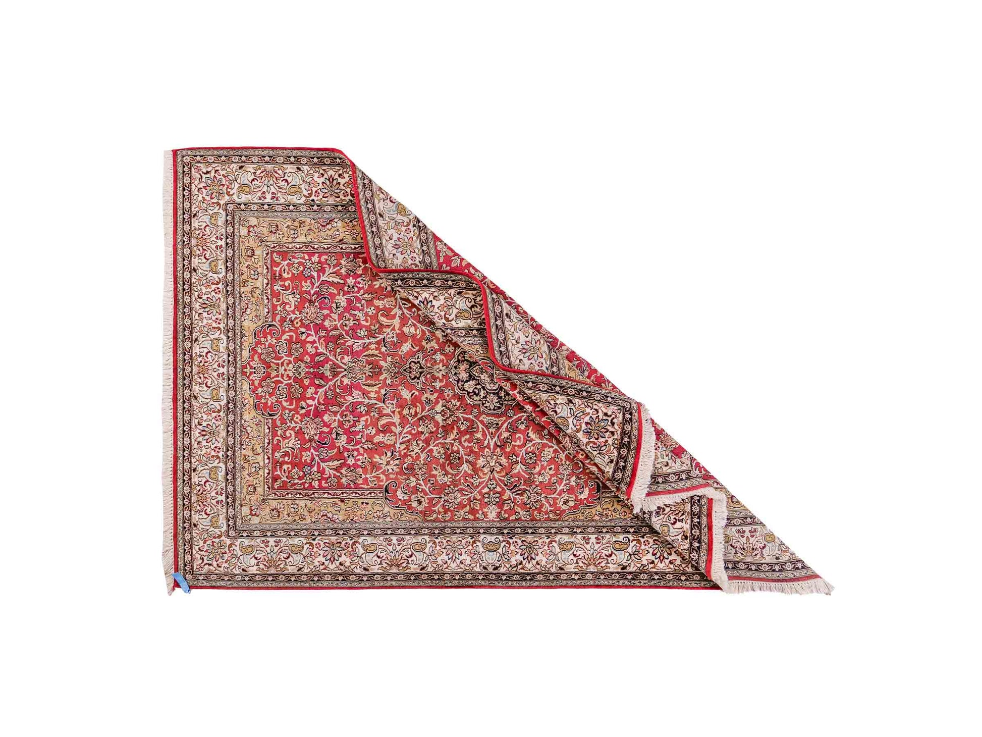 Handgeknüpfter Kaschmir Seidenteppich von Khademi aus Seide, rot. Feiner, indischer Orientteppich mit klassischem Medaillon von Hand geknüpft in Iran. Größe: 187 cm x 126 cm. Teppichnummer: SB3-1162 | Jupiter Intl.