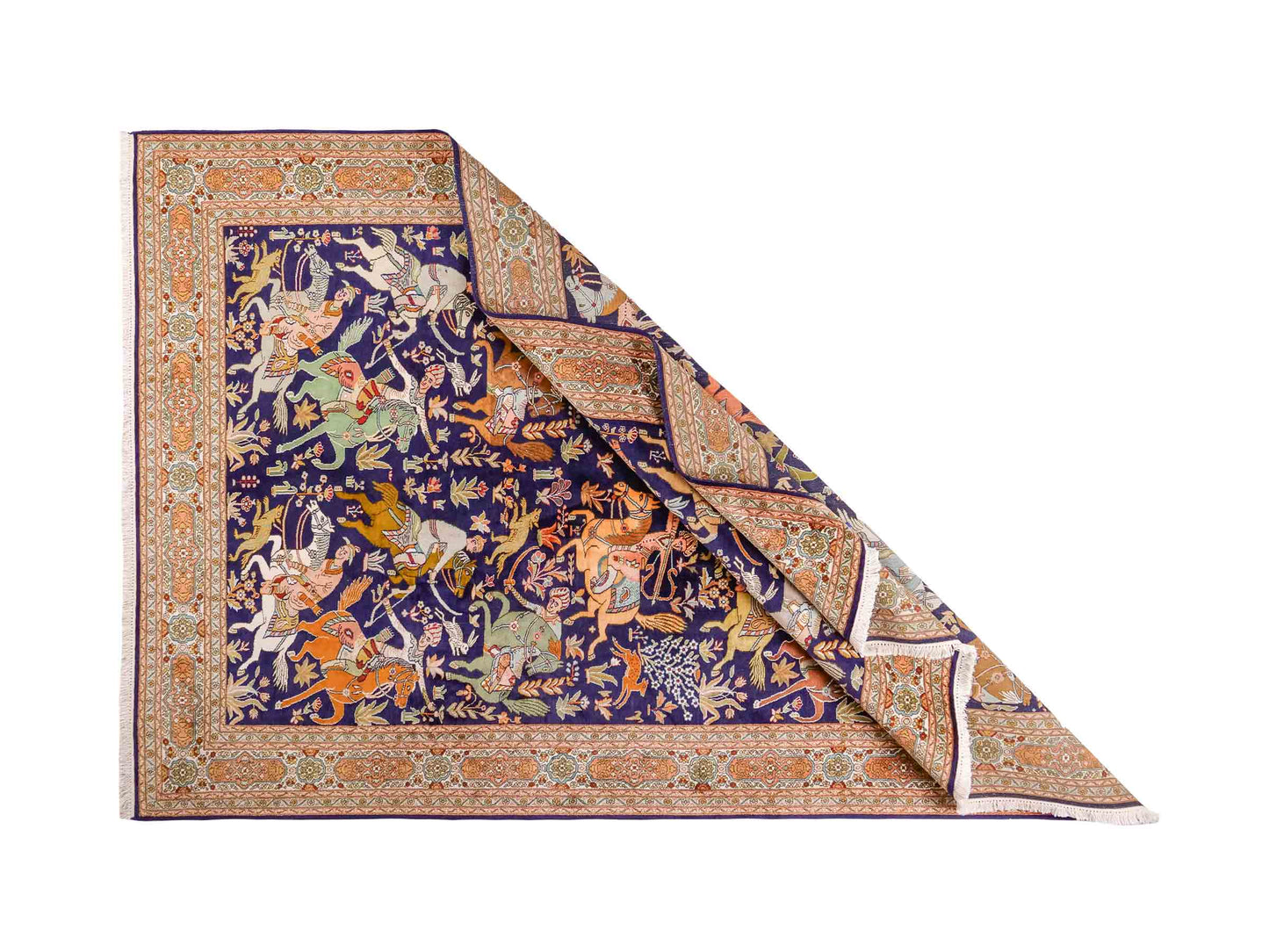 Handgeknüpfter Kaschmir Seidenteppich von Khademi aus Seide, dunkelblau. Feiner, indischer Orientteppich mit klassischem Jagdmotiv von Hand geknüpft in Indien. Größe: 285 cm x 184 cm. Teppichnummer: SB3-1174 | Jupiter Intl.