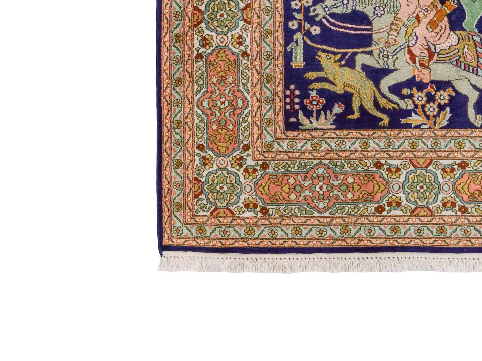 Handgeknüpfter Kaschmir Seidenteppich von Khademi aus Seide, dunkelblau. Feiner, indischer Orientteppich mit klassischem Jagdmotiv von Hand geknüpft in Indien. Größe: 285 cm x 184 cm. Teppichnummer: SB3-1174 | Jupiter Intl.