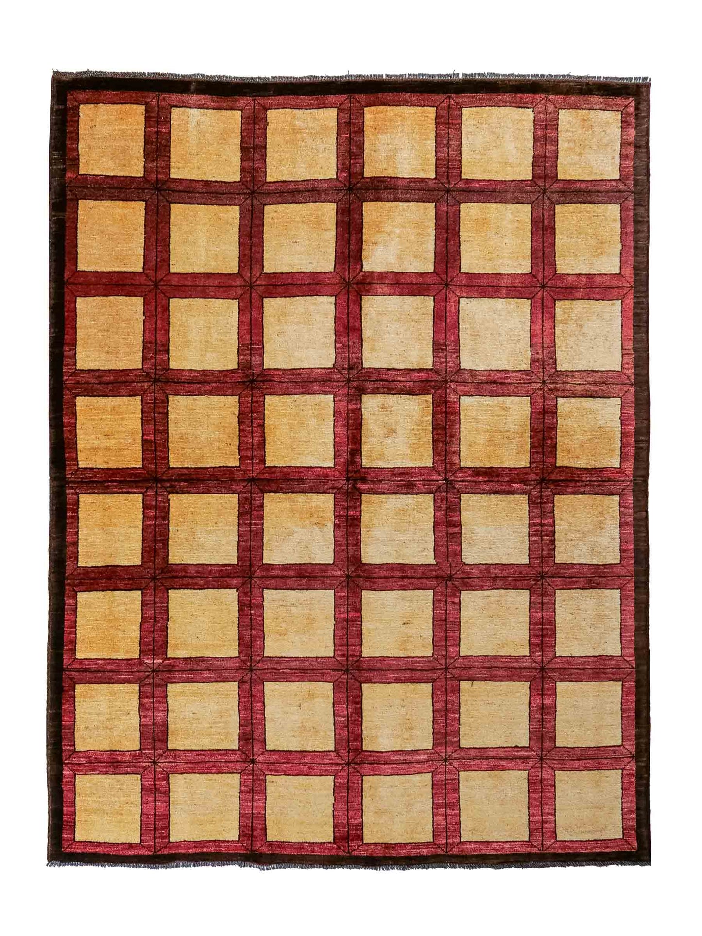 Handgeknüpfter Design Ziegler Orientteppich von Khademi aus Wolle, beige, rot, gold. Modernes Box- / Feldmuster. Traditionell von Hand geknüpft in Afghanistan. Größe: 177 cm x 144 cm. Teppichnummer: RB3-1015. Verkauf durch Jupiter Intl.