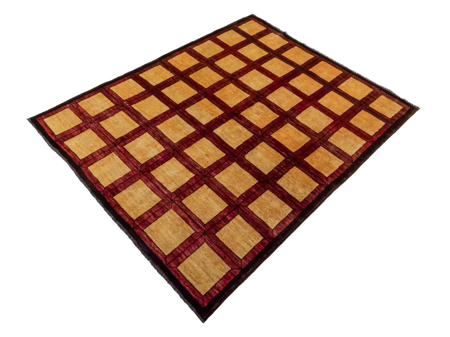 Handgeknüpfter Design Ziegler Orientteppich von Khademi aus Wolle, beige, rot, gold. Modernes Box- / Feldmuster. Traditionell von Hand geknüpft in Afghanistan. Größe: 177 cm x 144 cm. Teppichnummer: RB3-1015. Verkauf durch Jupiter Intl.