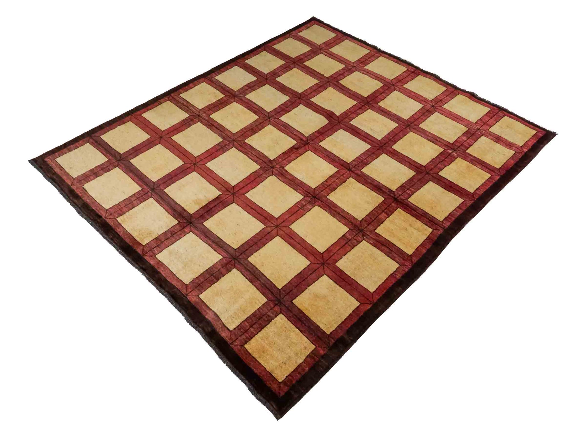 Handgeknüpfter Design Ziegler Orientteppich von Khademi aus Wolle, beige, rot, gold. Modernes Box- / Feldmuster. Traditionell von Hand geknüpft in Afghanistan. Größe: 177 cm x 144 cm. Teppichnummer: RB3-1015. Verkauf durch Jupiter Intl.