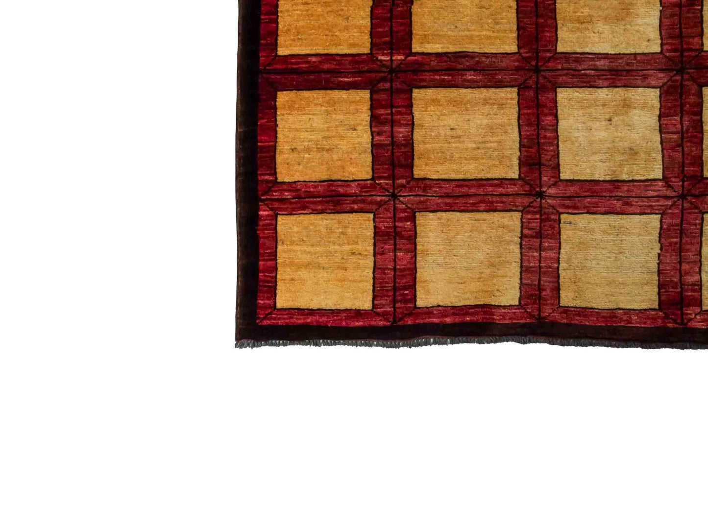 Handgeknüpfter Design Ziegler Orientteppich von Khademi aus Wolle, beige, rot, gold. Modernes Box- / Feldmuster. Traditionell von Hand geknüpft in Afghanistan. Größe: 177 cm x 144 cm. Teppichnummer: RB3-1015. Verkauf durch Jupiter Intl.