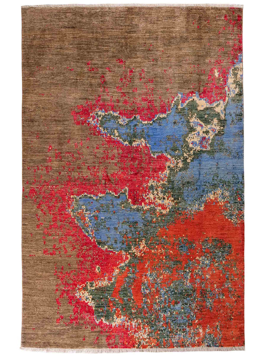 Handgeknüpfter Design Ziegler Orientteppich von Khademi aus Wolle, braun, rot, blau. Abstrakt-modernem Design. Traditionell von Hand geknüpft in Afghanistan. Größe: 236 cm x 172 cm. Teppichnummer: RB3-1036. Verkauf durch Jupiter Intl.