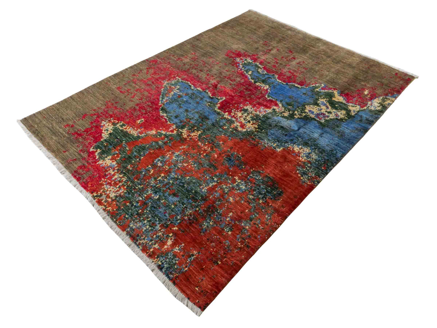 Handgeknüpfter Design Ziegler Orientteppich von Khademi aus Wolle, braun, rot, blau. Abstrakt-modernem Design. Traditionell von Hand geknüpft in Afghanistan. Größe: 236 cm x 172 cm. Teppichnummer: RB3-1036. Verkauf durch Jupiter Intl.