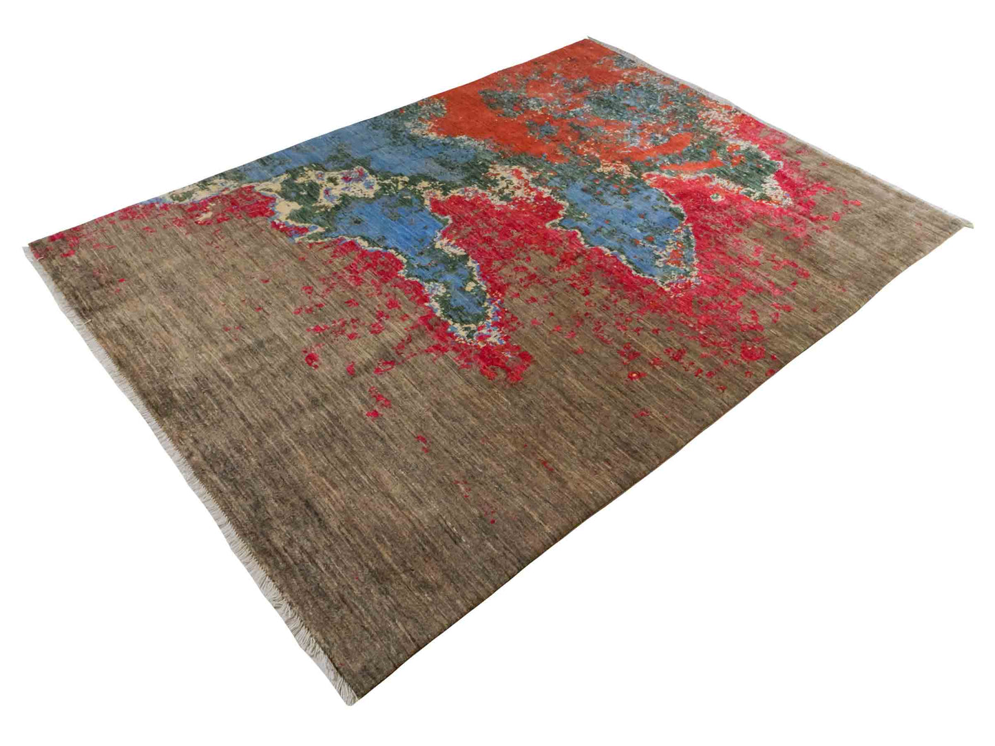 Handgeknüpfter Design Ziegler Orientteppich von Khademi aus Wolle, braun, rot, blau. Abstrakt-modernem Design. Traditionell von Hand geknüpft in Afghanistan. Größe: 236 cm x 172 cm. Teppichnummer: RB3-1036. Verkauf durch Jupiter Intl.