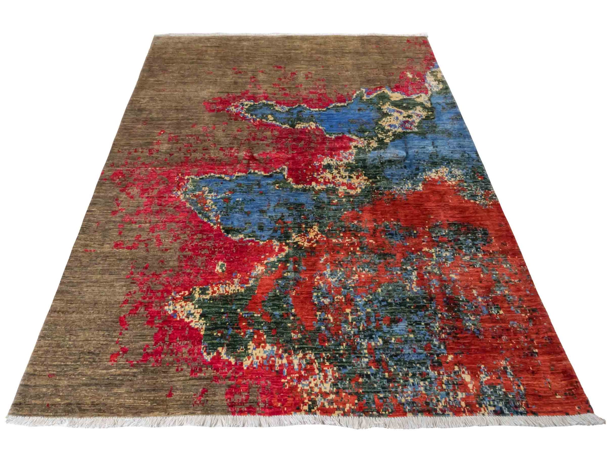 Handgeknüpfter Design Ziegler Orientteppich von Khademi aus Wolle, braun, rot, blau. Abstrakt-modernem Design. Traditionell von Hand geknüpft in Afghanistan. Größe: 236 cm x 172 cm. Teppichnummer: RB3-1036. Verkauf durch Jupiter Intl.
