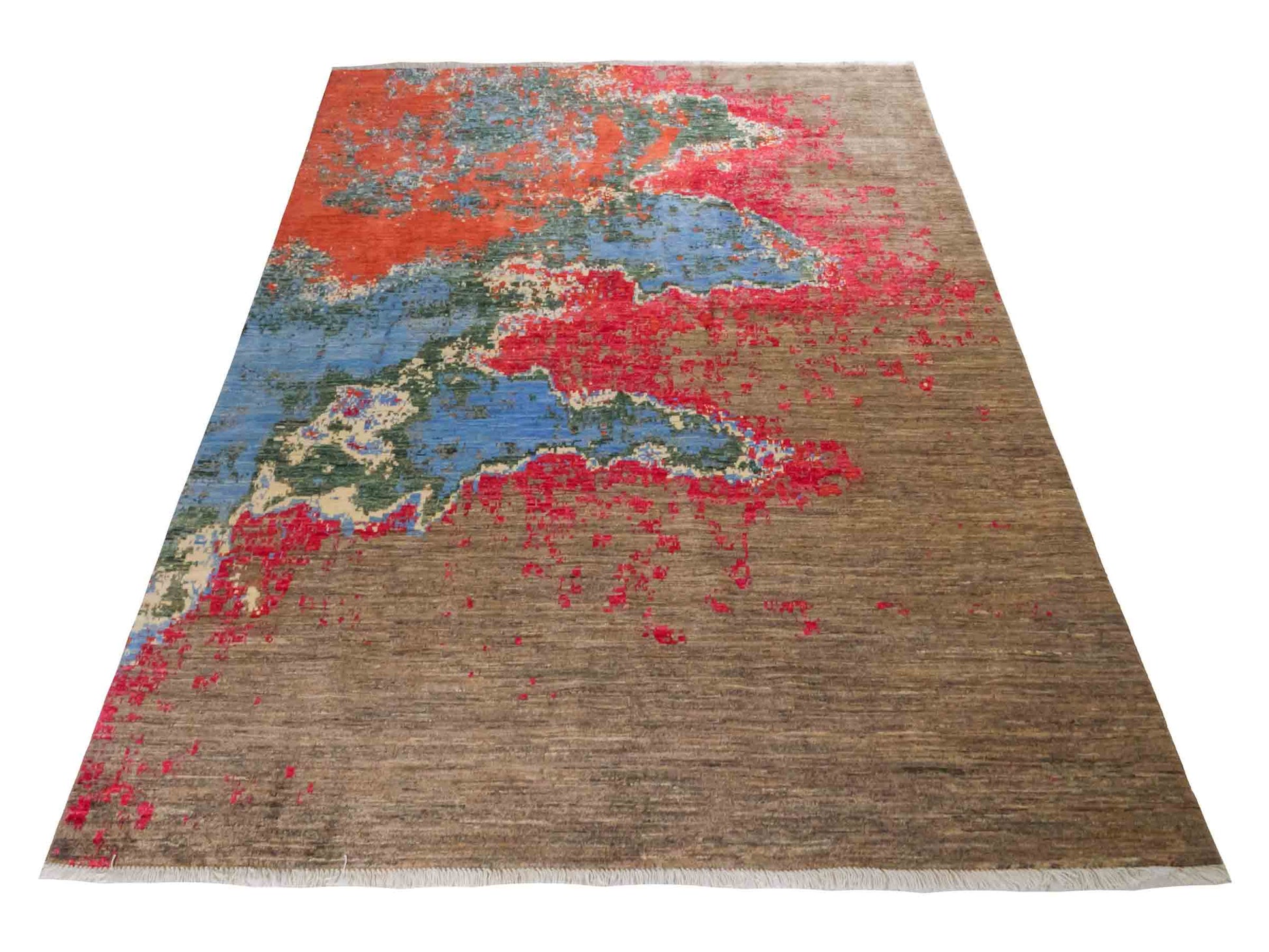 Handgeknüpfter Design Ziegler Orientteppich von Khademi aus Wolle, braun, rot, blau. Abstrakt-modernem Design. Traditionell von Hand geknüpft in Afghanistan. Größe: 236 cm x 172 cm. Teppichnummer: RB3-1036. Verkauf durch Jupiter Intl.