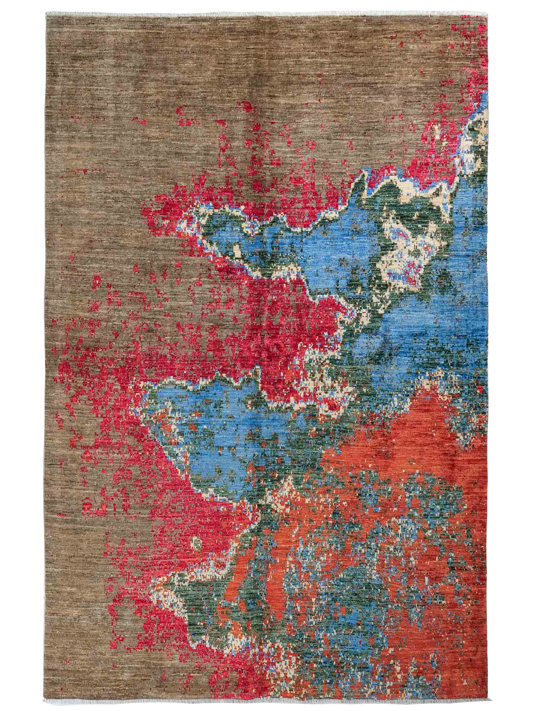 Handgeknüpfter Design Ziegler Orientteppich von Khademi aus Wolle, braun, rot, blau. Abstrakt-modernem Design. Traditionell von Hand geknüpft in Afghanistan. Größe: 239 cm x 169 cm. Teppichnummer: RB3-1037. Verkauf durch Jupiter Intl.