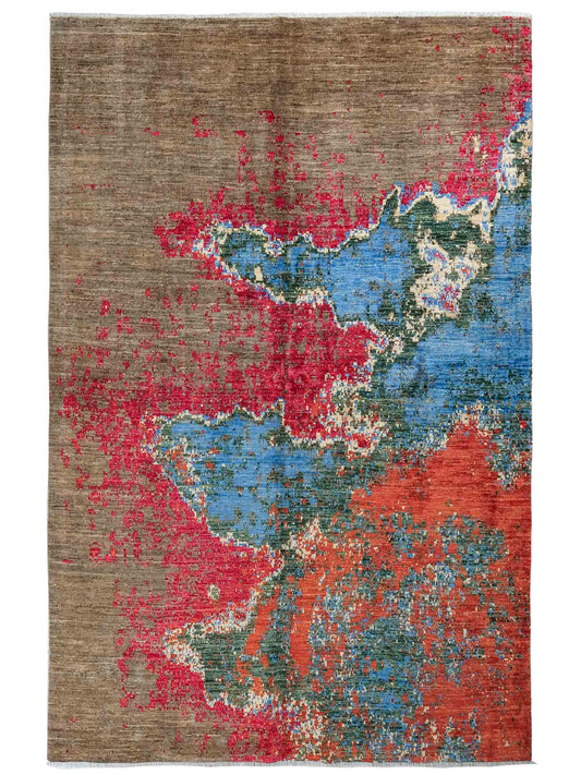 Handgeknüpfter Design Ziegler Orientteppich von Khademi aus Wolle, braun, rot, blau. Abstrakt-modernem Design. Traditionell von Hand geknüpft in Afghanistan. Größe: 239 cm x 169 cm. Teppichnummer: RB3-1037. Verkauf durch Jupiter Intl.