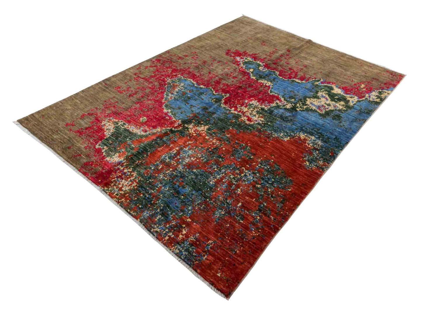 Handgeknüpfter Design Ziegler Orientteppich von Khademi aus Wolle, braun, rot, blau. Abstrakt-modernem Design. Traditionell von Hand geknüpft in Afghanistan. Größe: 239 cm x 169 cm. Teppichnummer: RB3-1037. Verkauf durch Jupiter Intl.