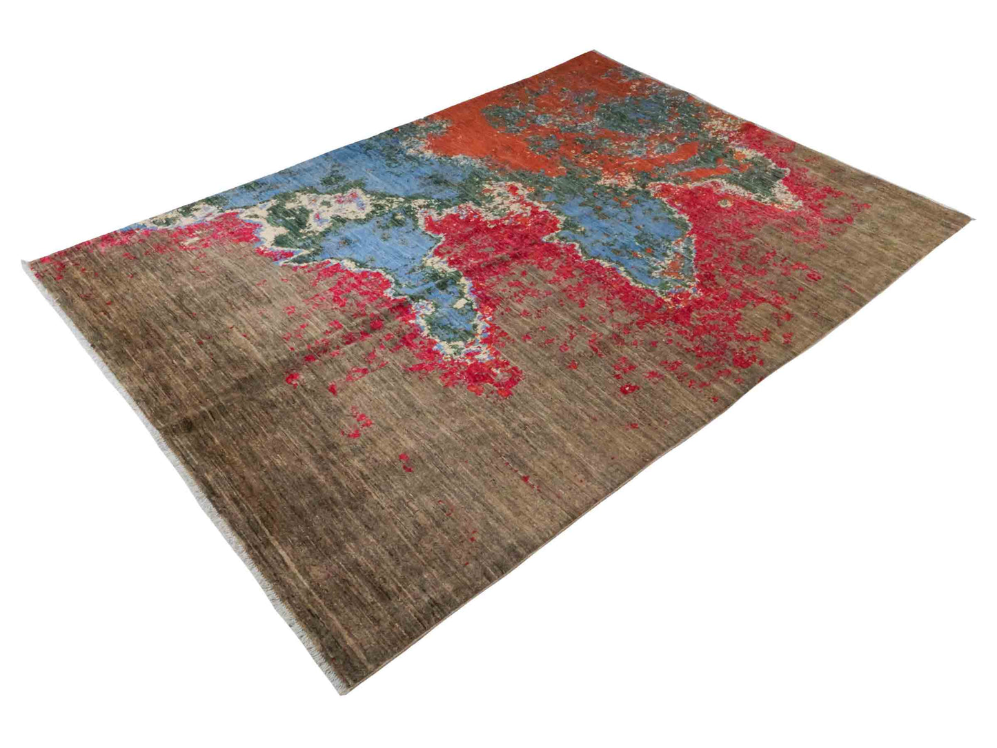 Handgeknüpfter Design Ziegler Orientteppich von Khademi aus Wolle, braun, rot, blau. Abstrakt-modernem Design. Traditionell von Hand geknüpft in Afghanistan. Größe: 239 cm x 169 cm. Teppichnummer: RB3-1037. Verkauf durch Jupiter Intl.